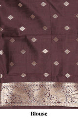 Rich Brown Art Silk Checked Pattern and Motifs withWoven Zari Style Border along with Matching Zari Weaving Buttas