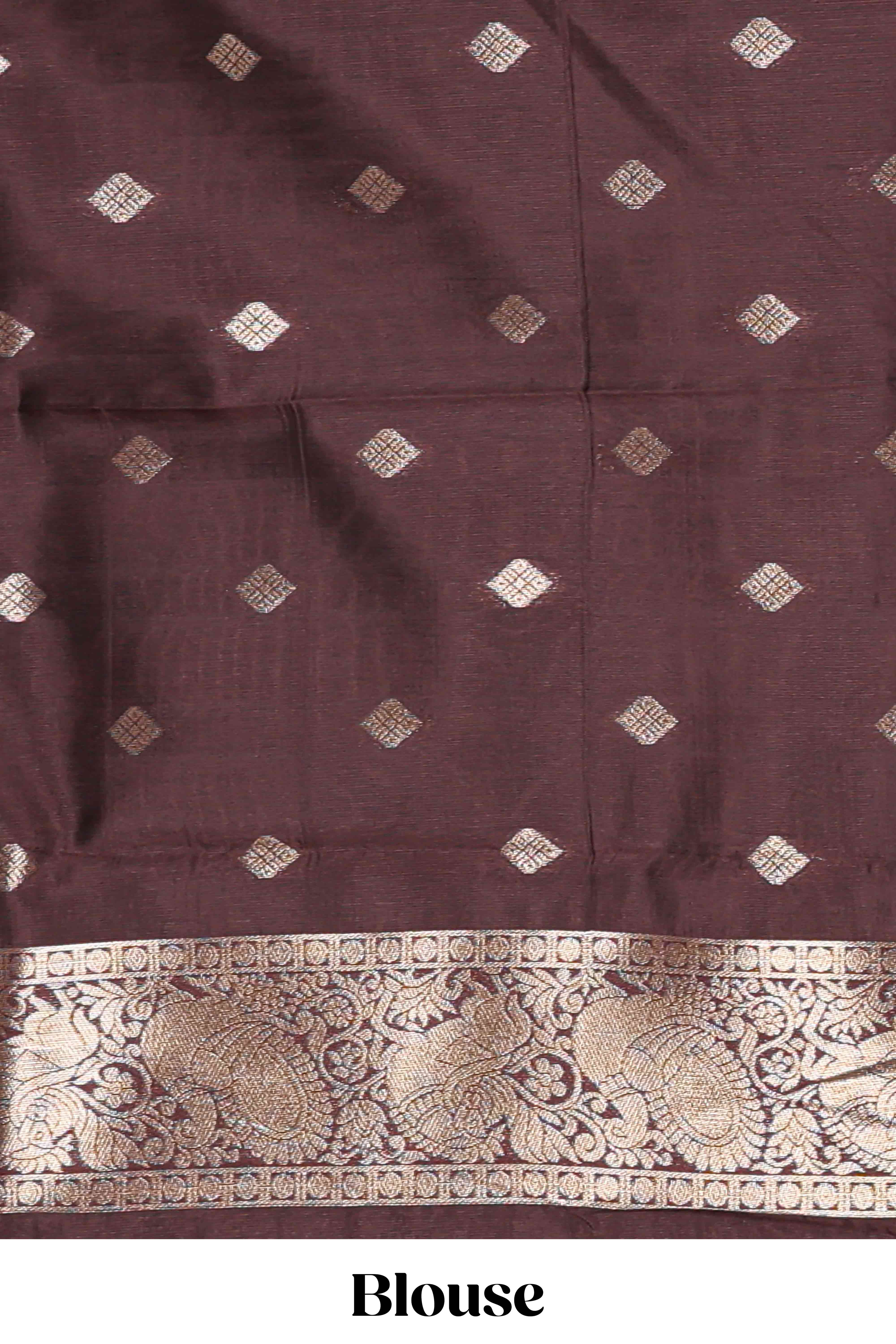 Rich Brown Art Silk Checked Pattern and Motifs withWoven Zari Style Border along with Matching Zari Weaving Buttas