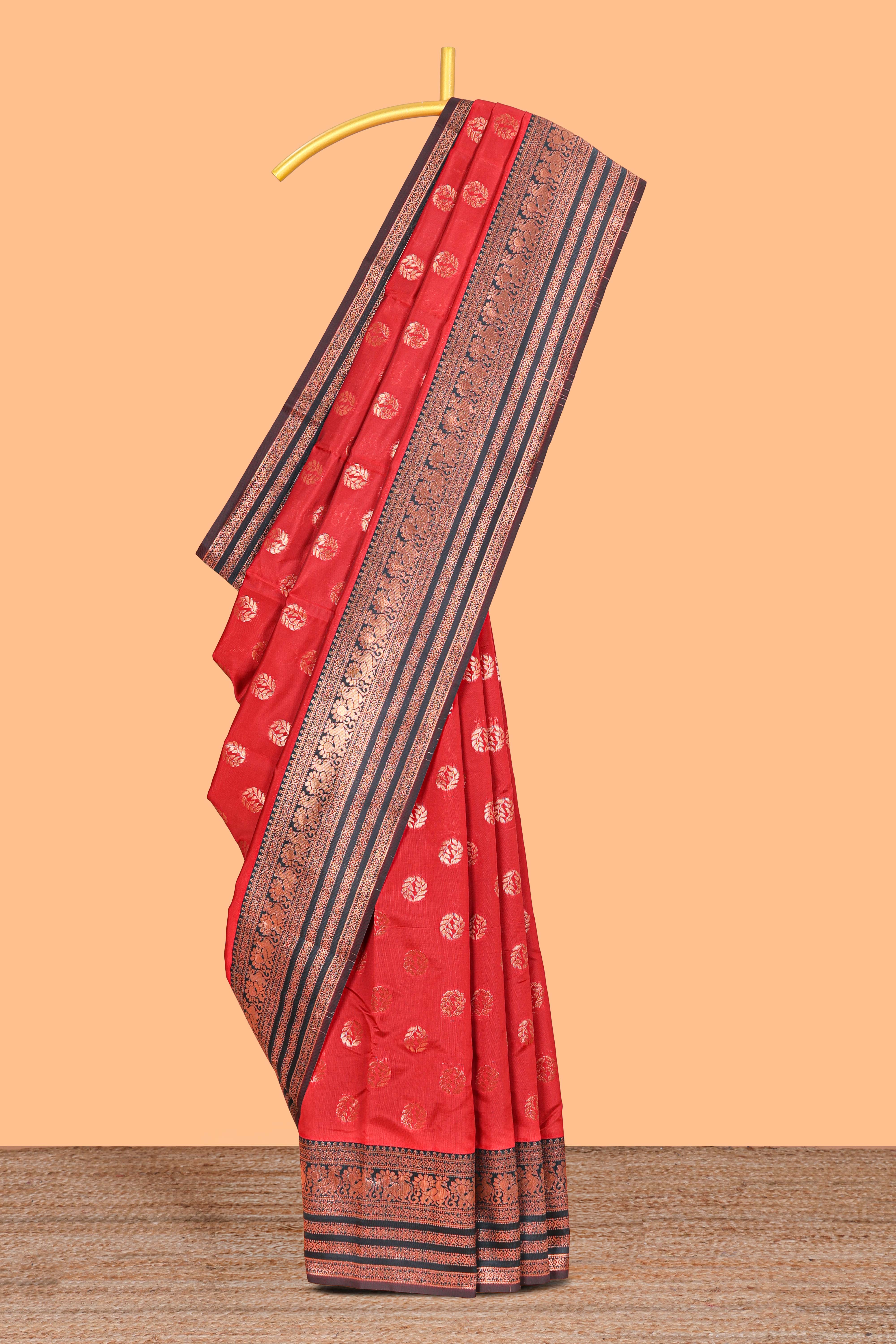 Red Art Silk Paisley Motifs with Woven Zari Style Border along with Matching Zari Weaving Buttas
