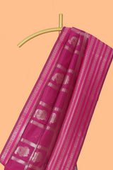 Magenta checked zari motifs art silk saree with self zari border and matching zari motifs blouse