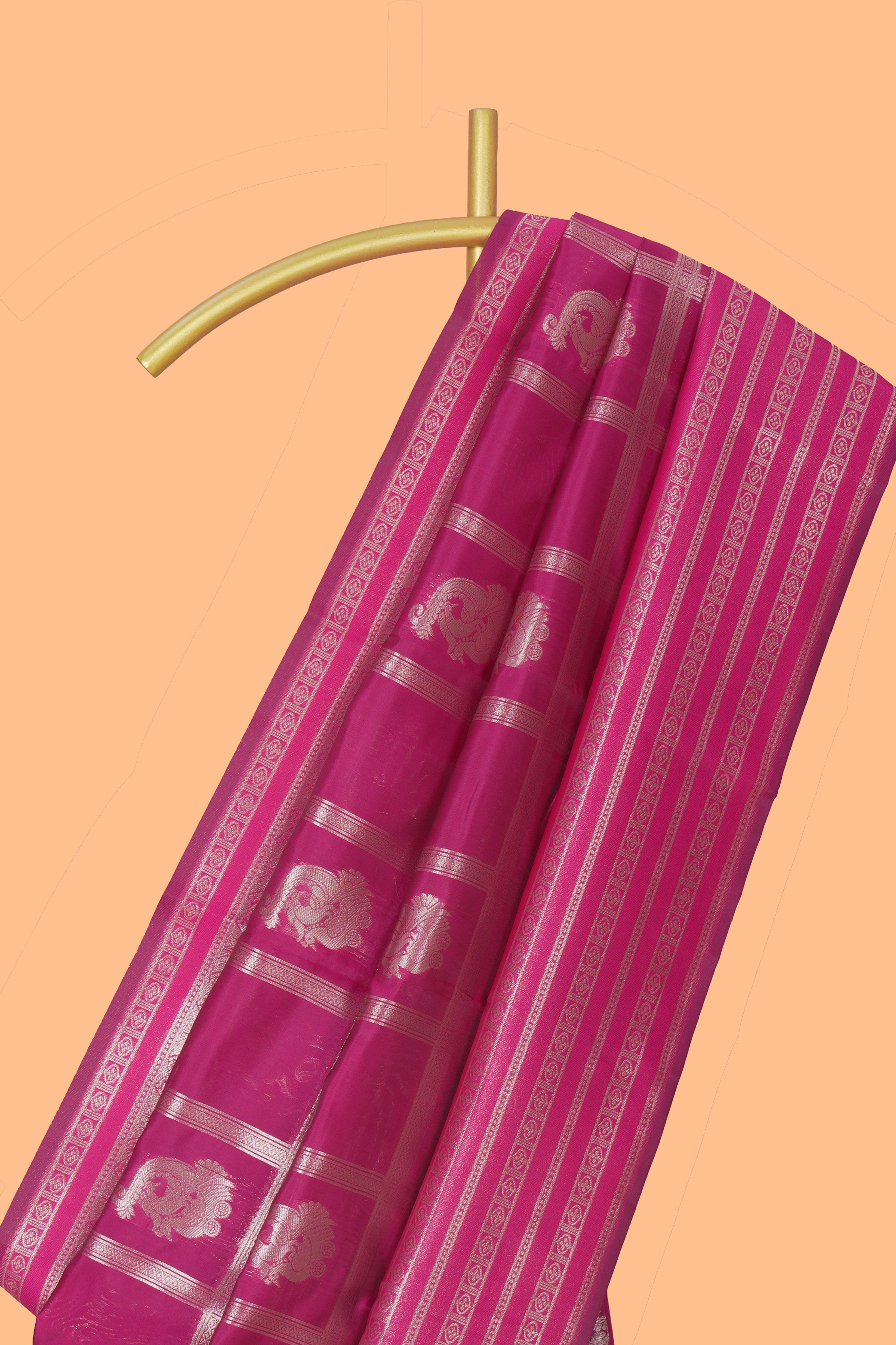 Magenta checked zari motifs art silk saree with self zari border and matching zari motifs blouse