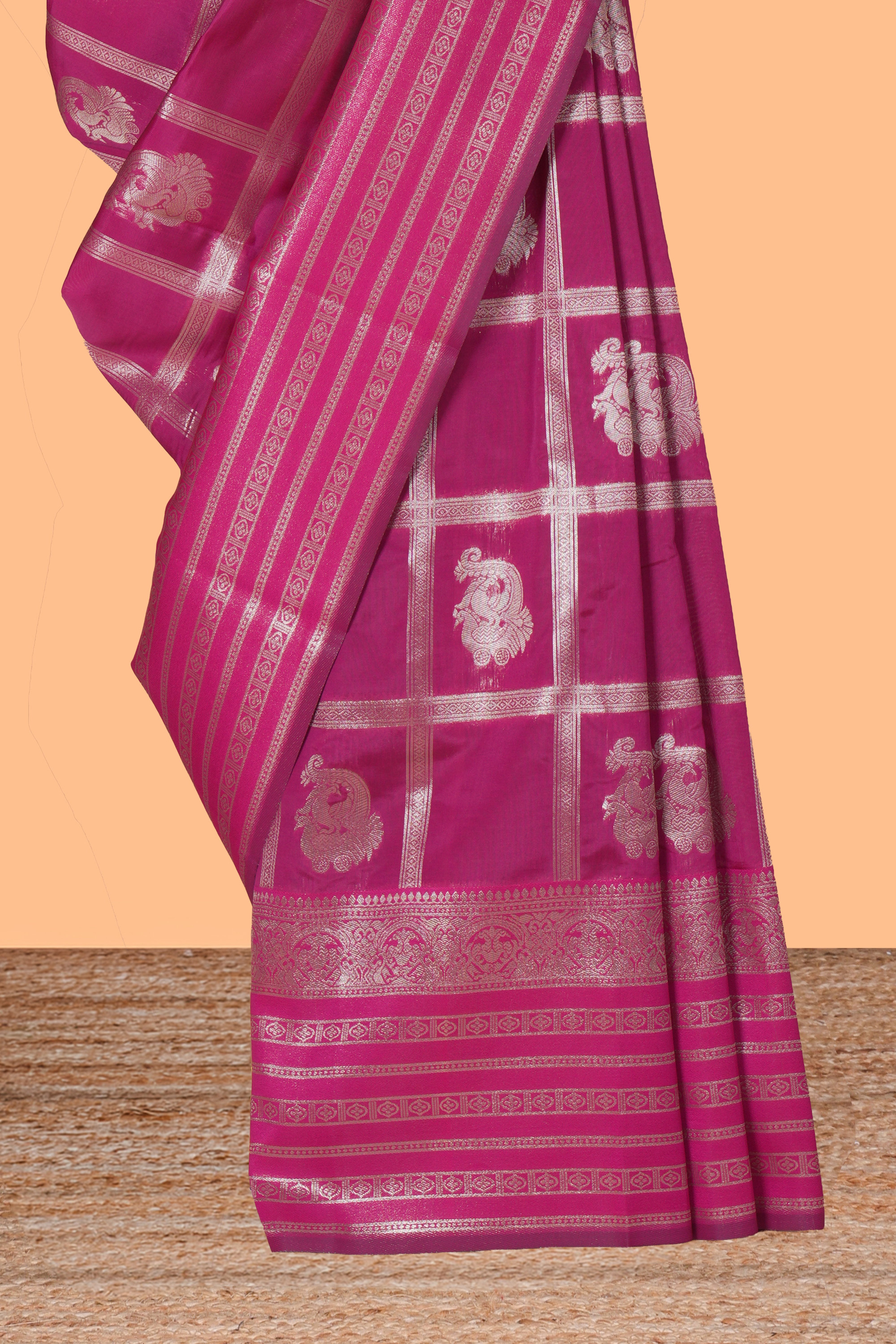 Magenta checked zari motifs art silk saree with self zari border and matching zari motifs blouse