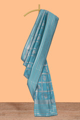 Blue checked zari motifs art silk saree with self zari border and matching zari motifs blouse