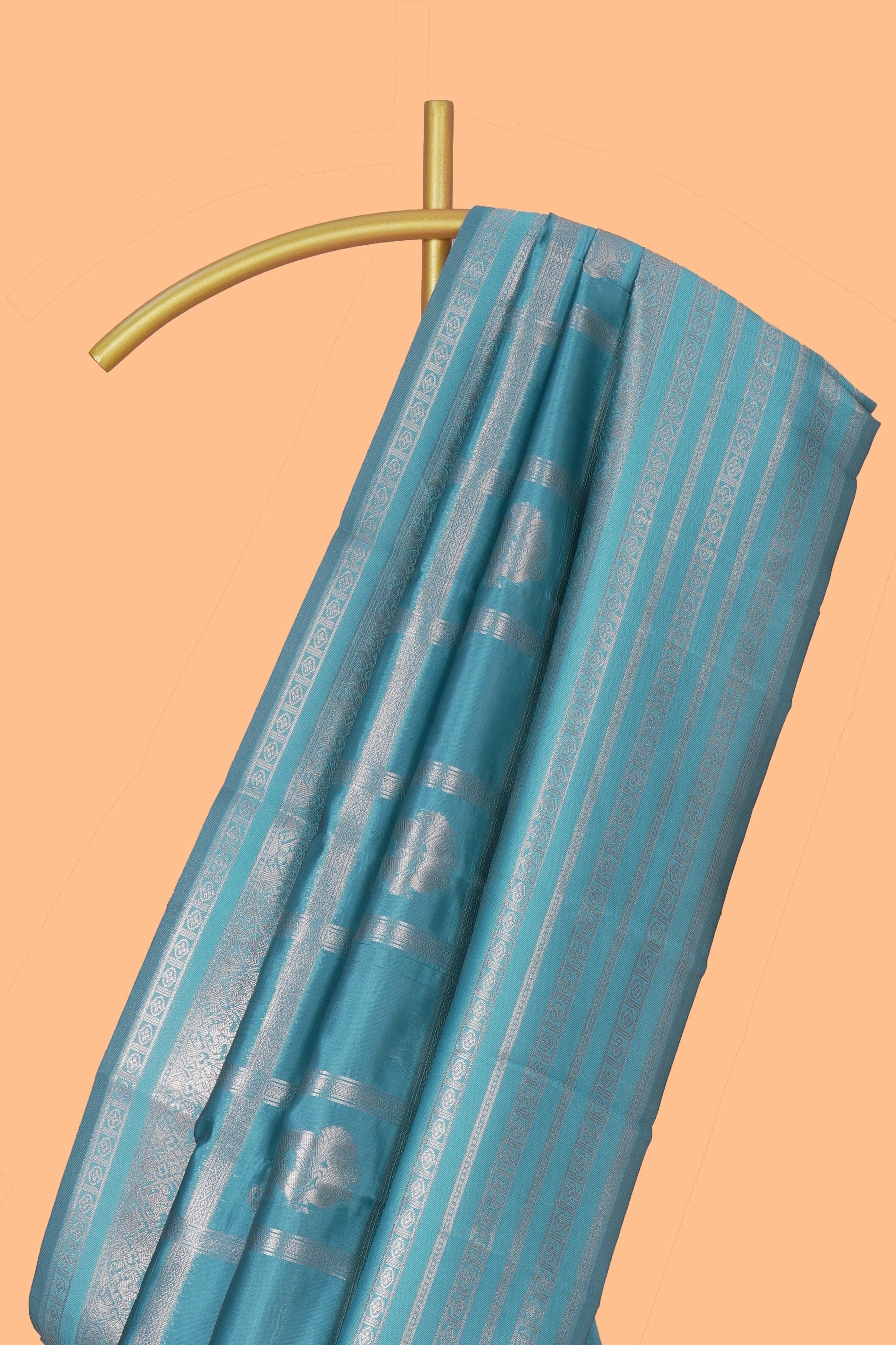Blue checked zari motifs art silk saree with self zari border and matching zari motifs blouse