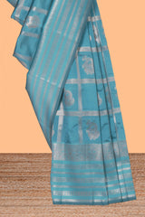 Blue checked zari motifs art silk saree with self zari border and matching zari motifs blouse