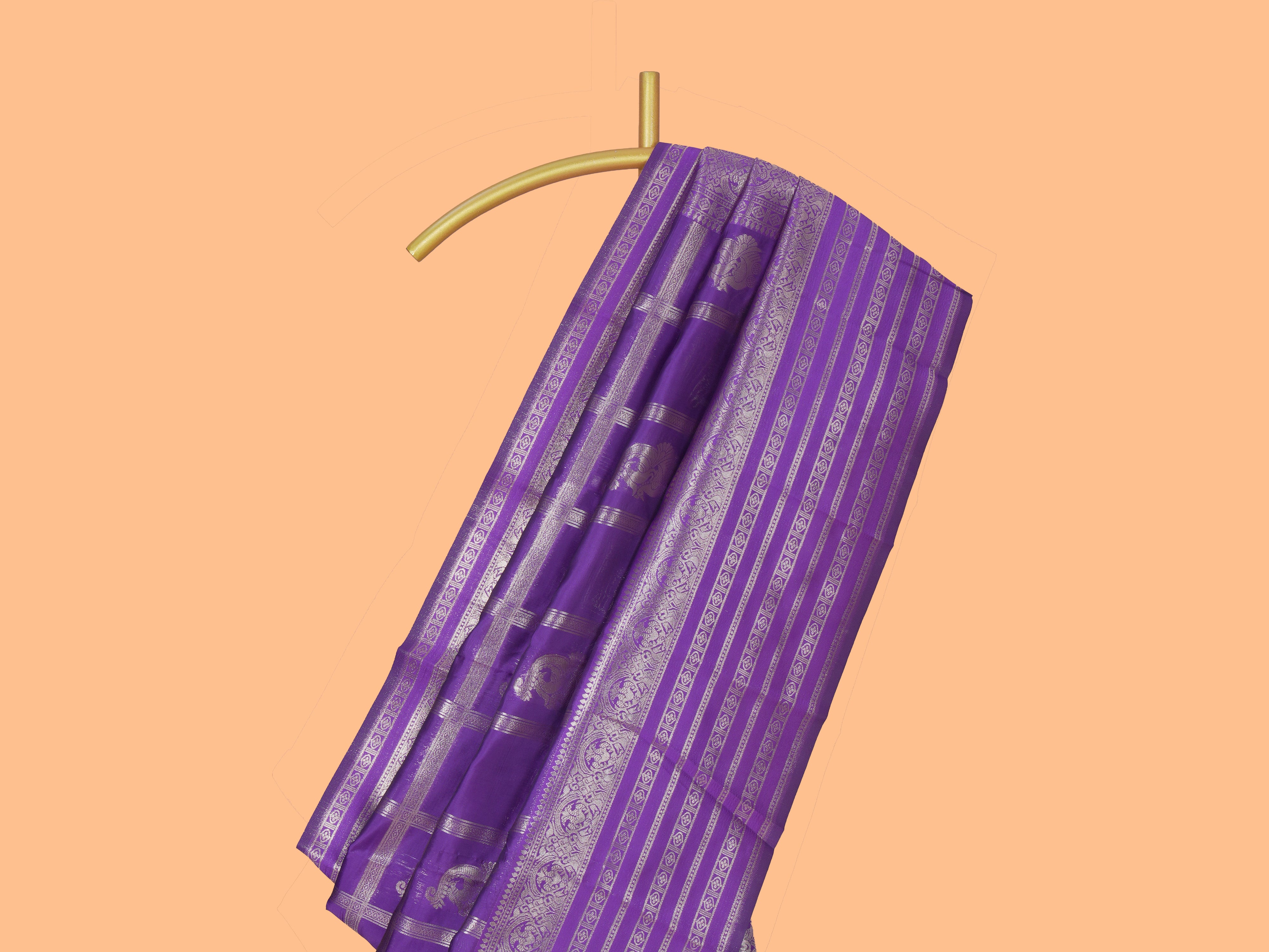 Violet checked zari motifs art silk saree with self zari border and matching zari motifs blouse