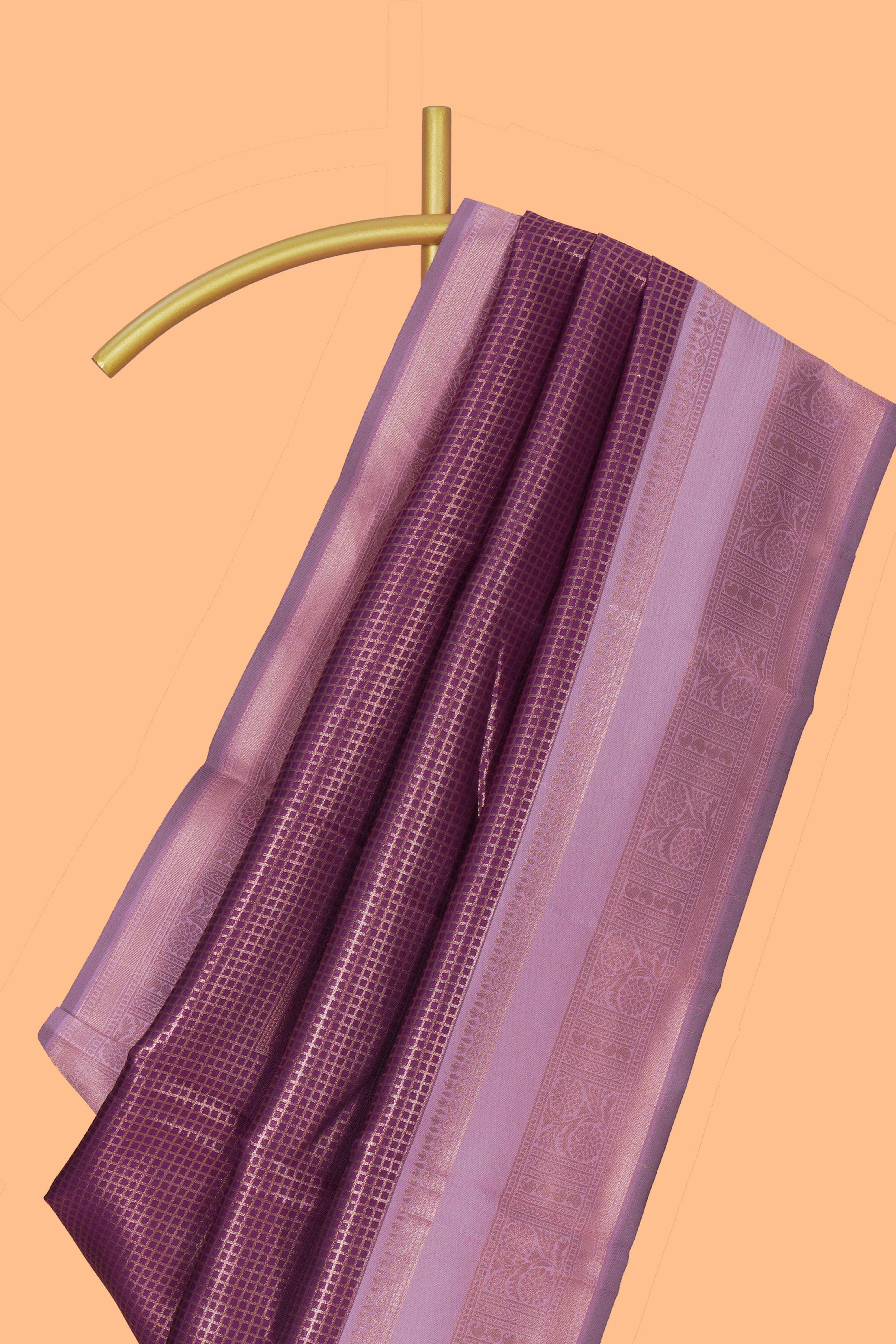 Purple zari checkedart silk saree with contrast bentex zari border and zari motifs blouse