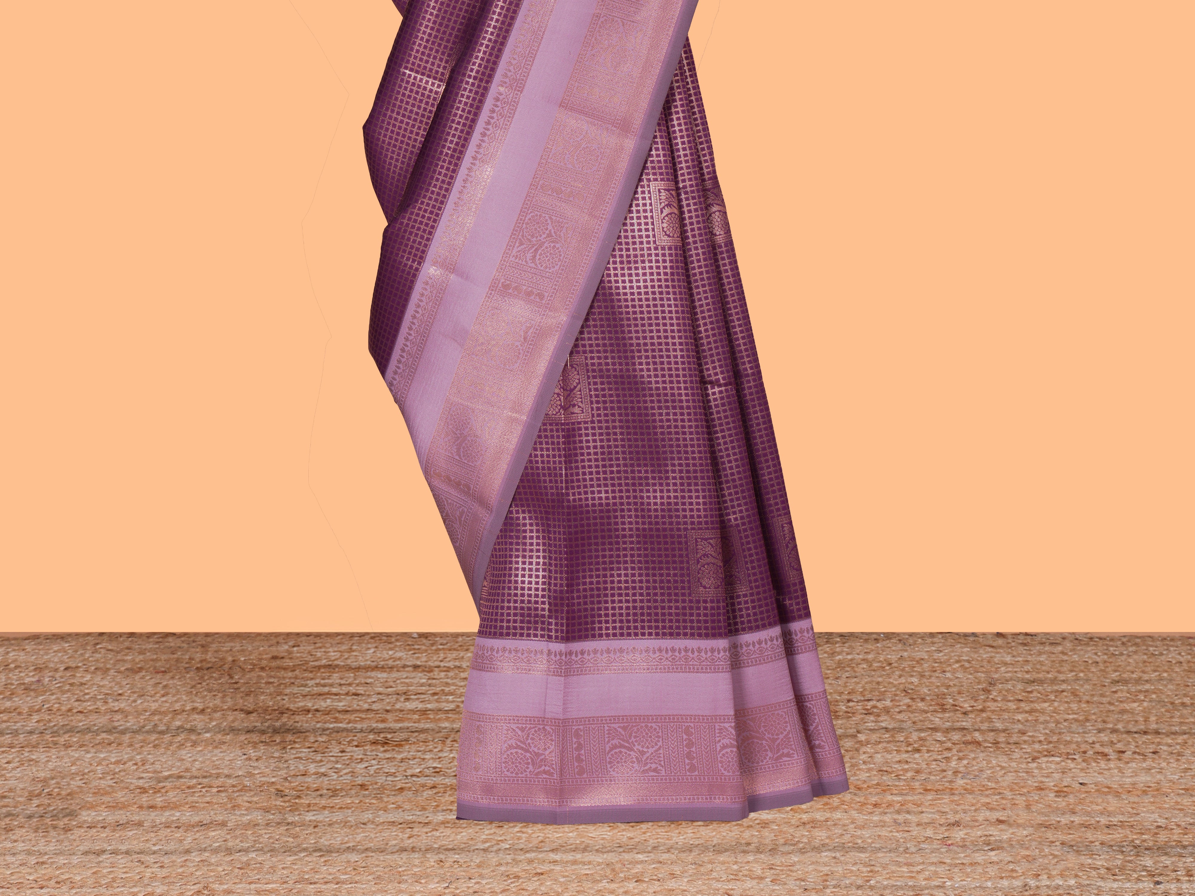 Purple zari checkedart silk saree with contrast bentex zari border and zari motifs blouse