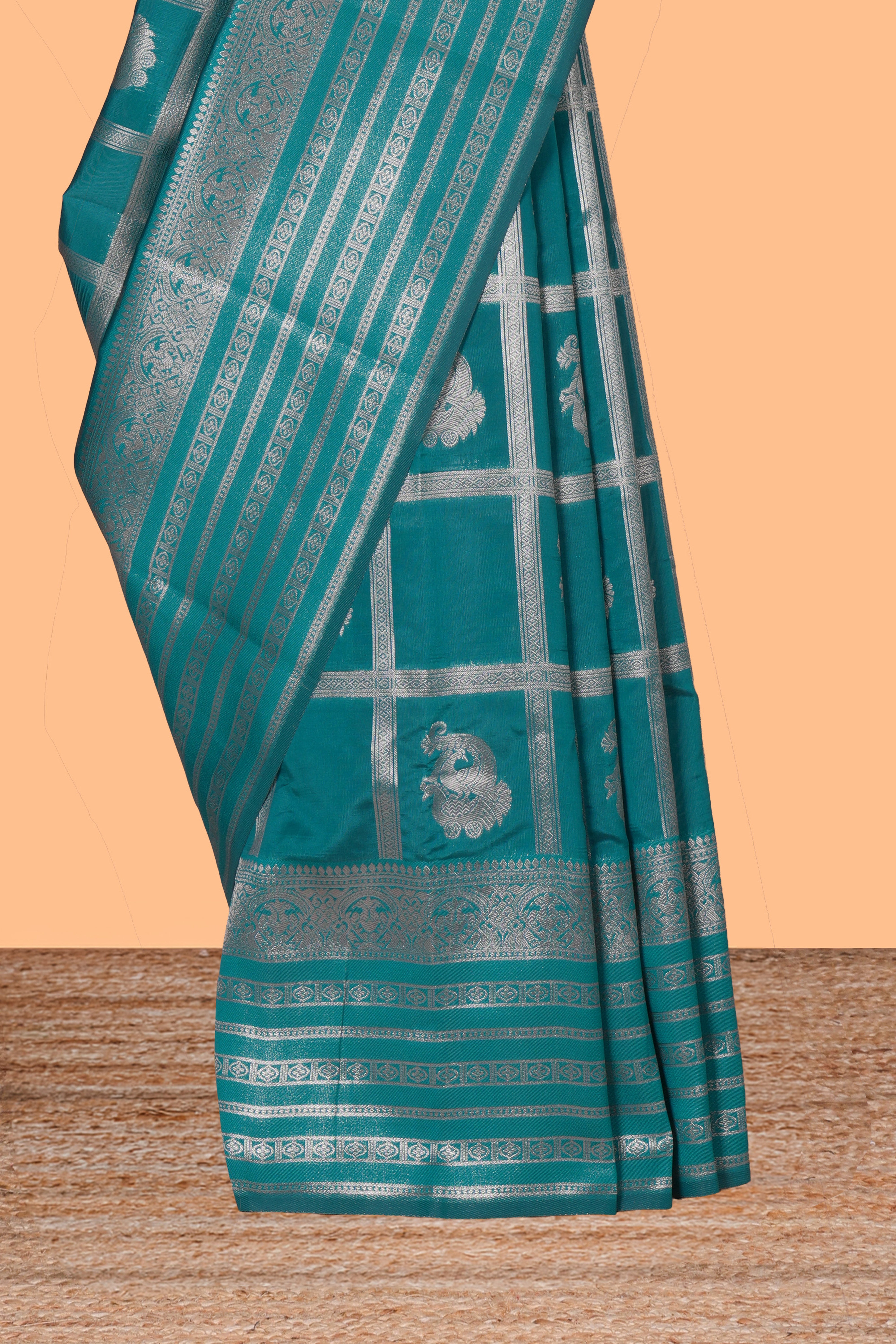 Midnight green checked zari motifs art silk saree with self zari border and matching zari motifs blouse
