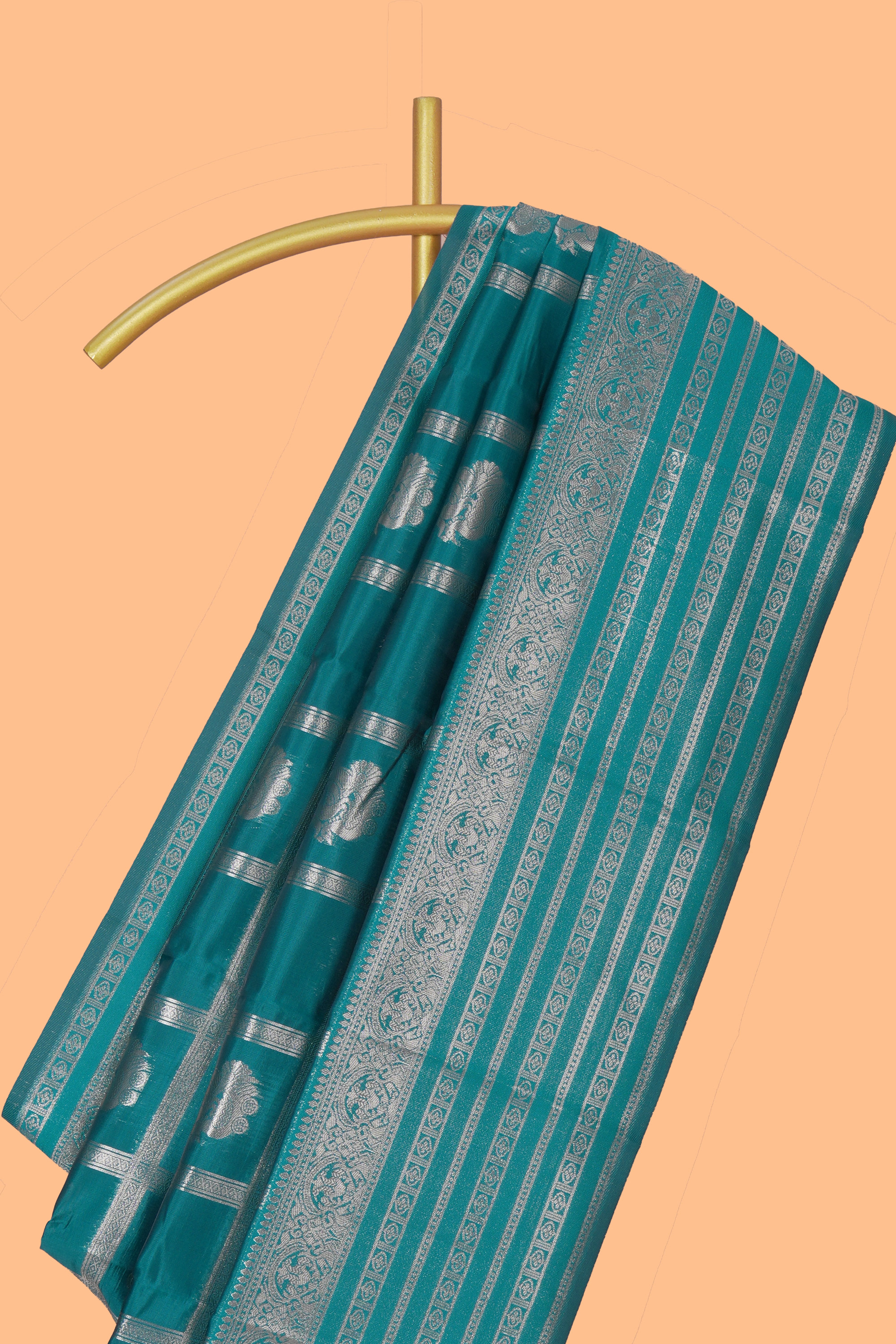Midnight green checked zari motifs art silk saree with self zari border and matching zari motifs blouse