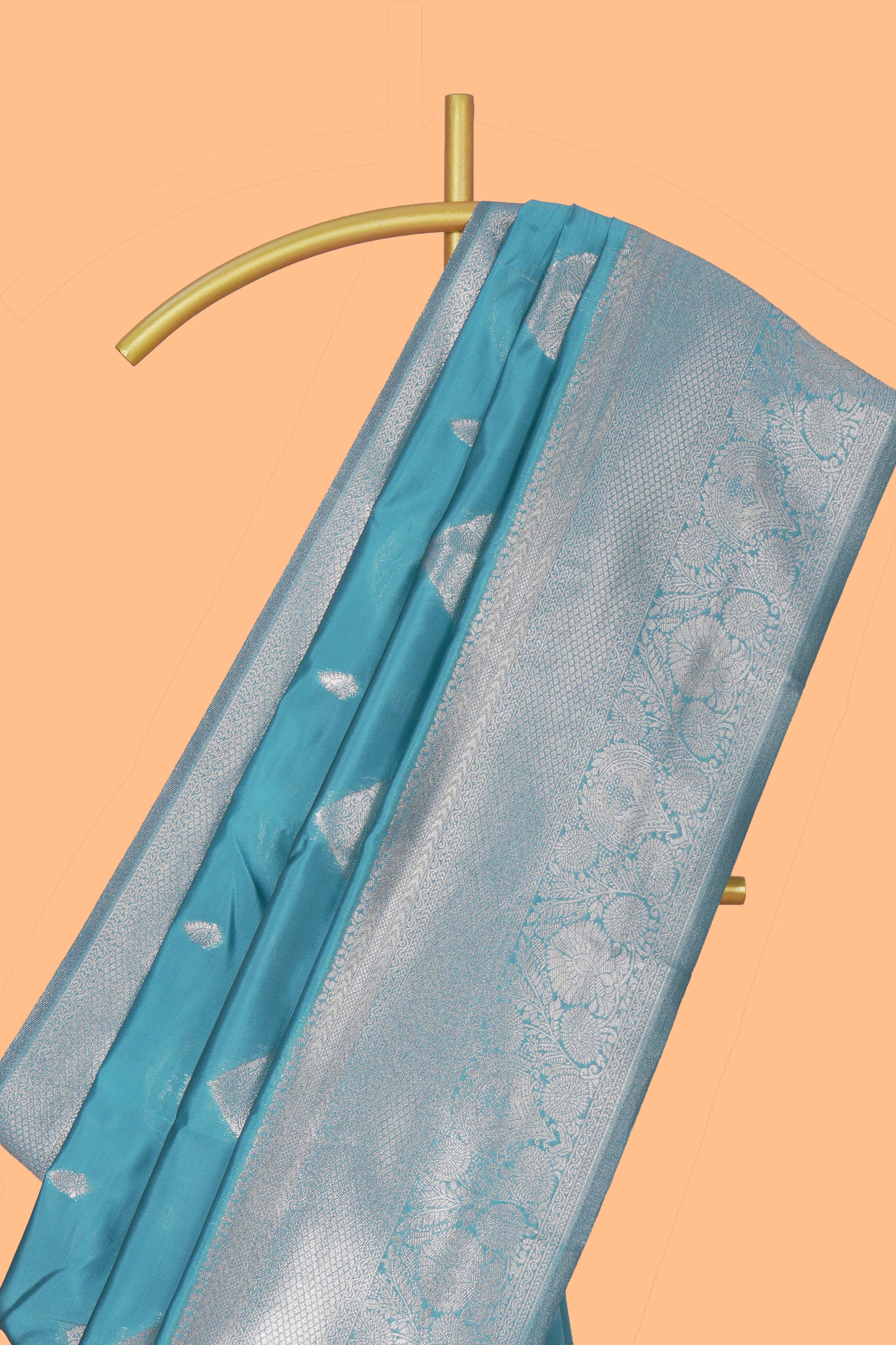 Blue zari motifs art silk saree with self zari border and matching zari motifs blouse