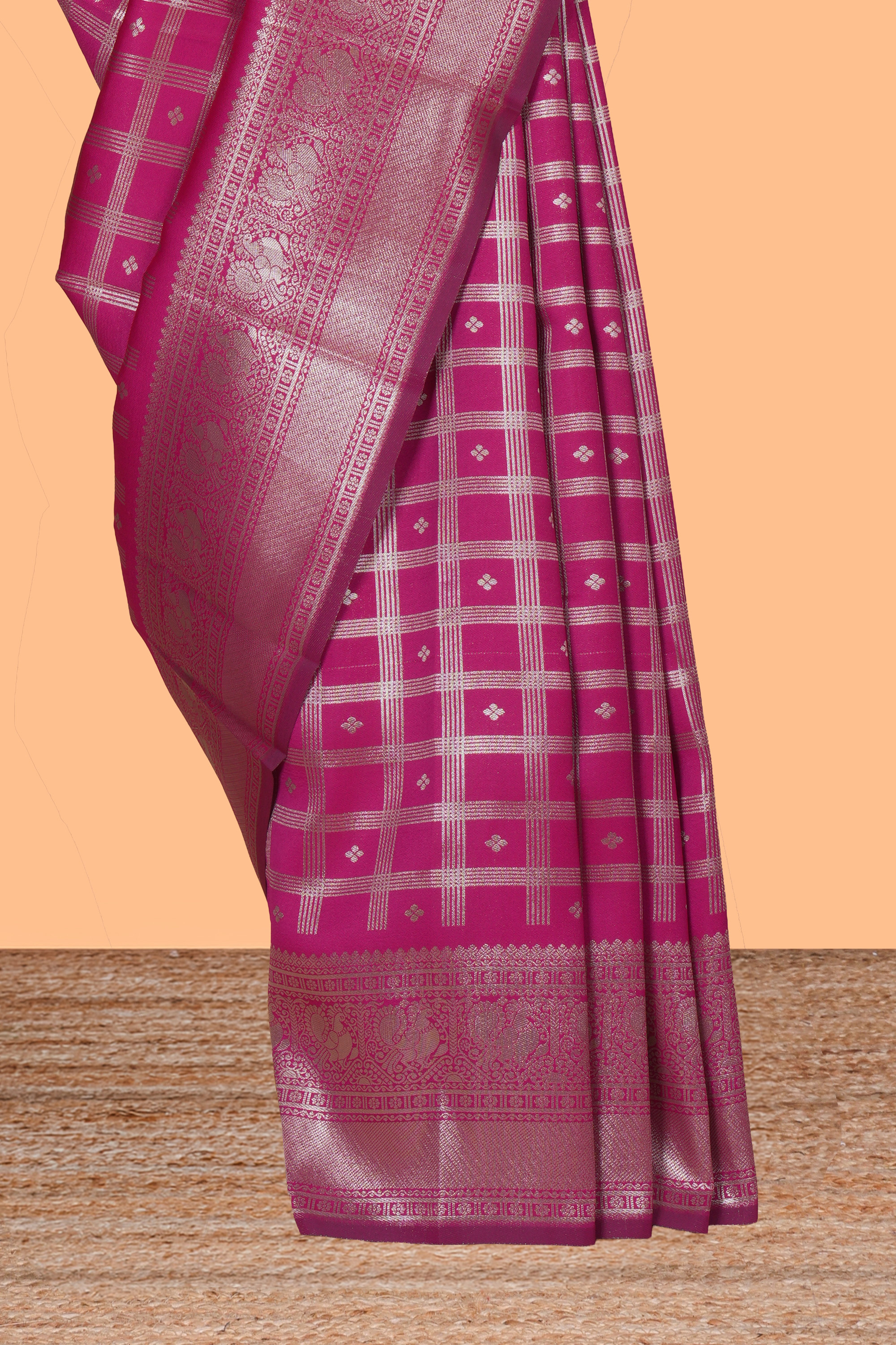 Maroon checked zari motifs art silk saree with self zari border and matching zari motifs blouse