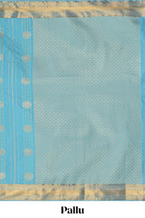Turquoise blue striped zari motifs art silk saree with self zari border and matching blouse