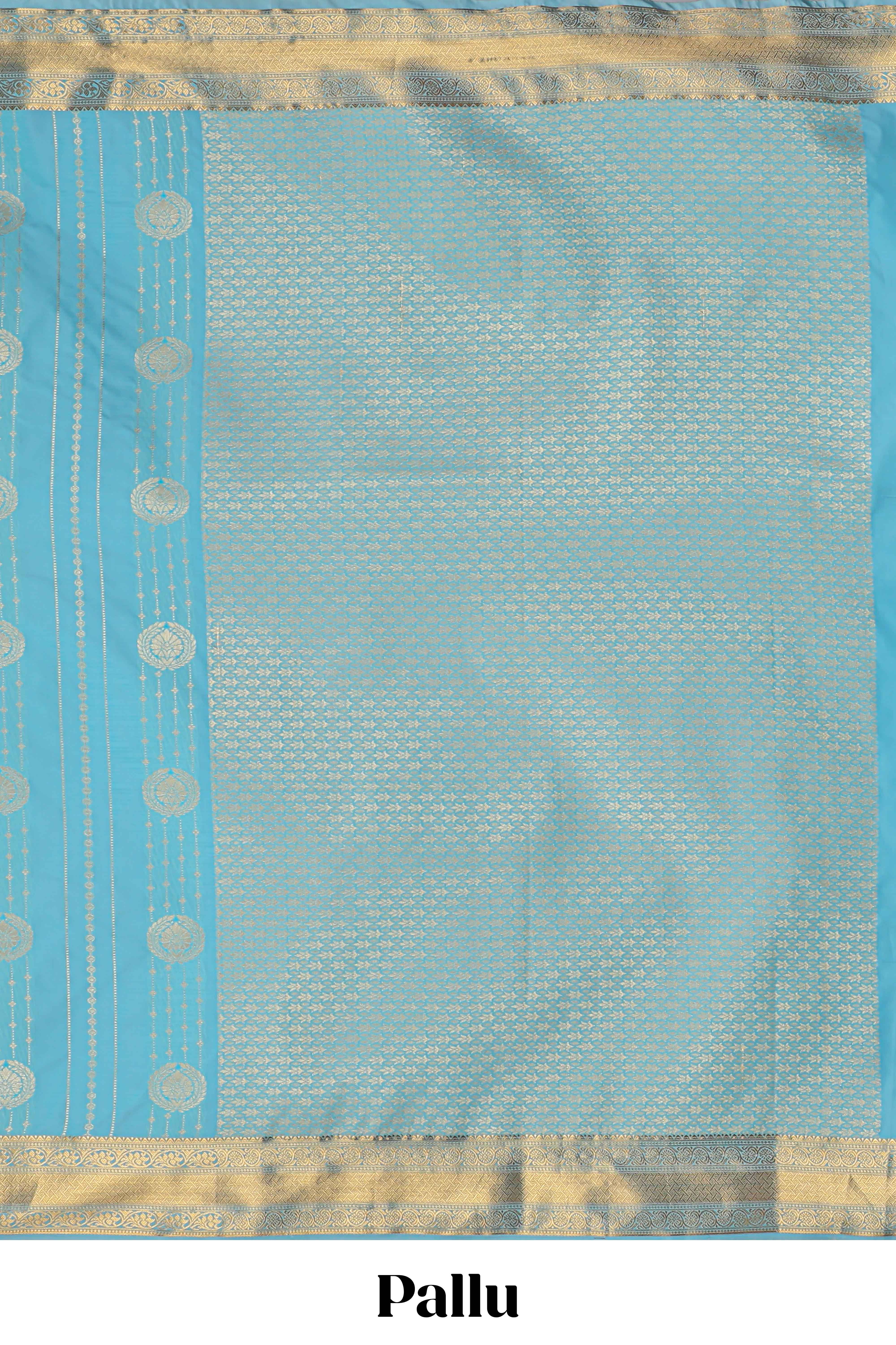 Turquoise blue striped zari motifs art silk saree with self zari border and matching blouse