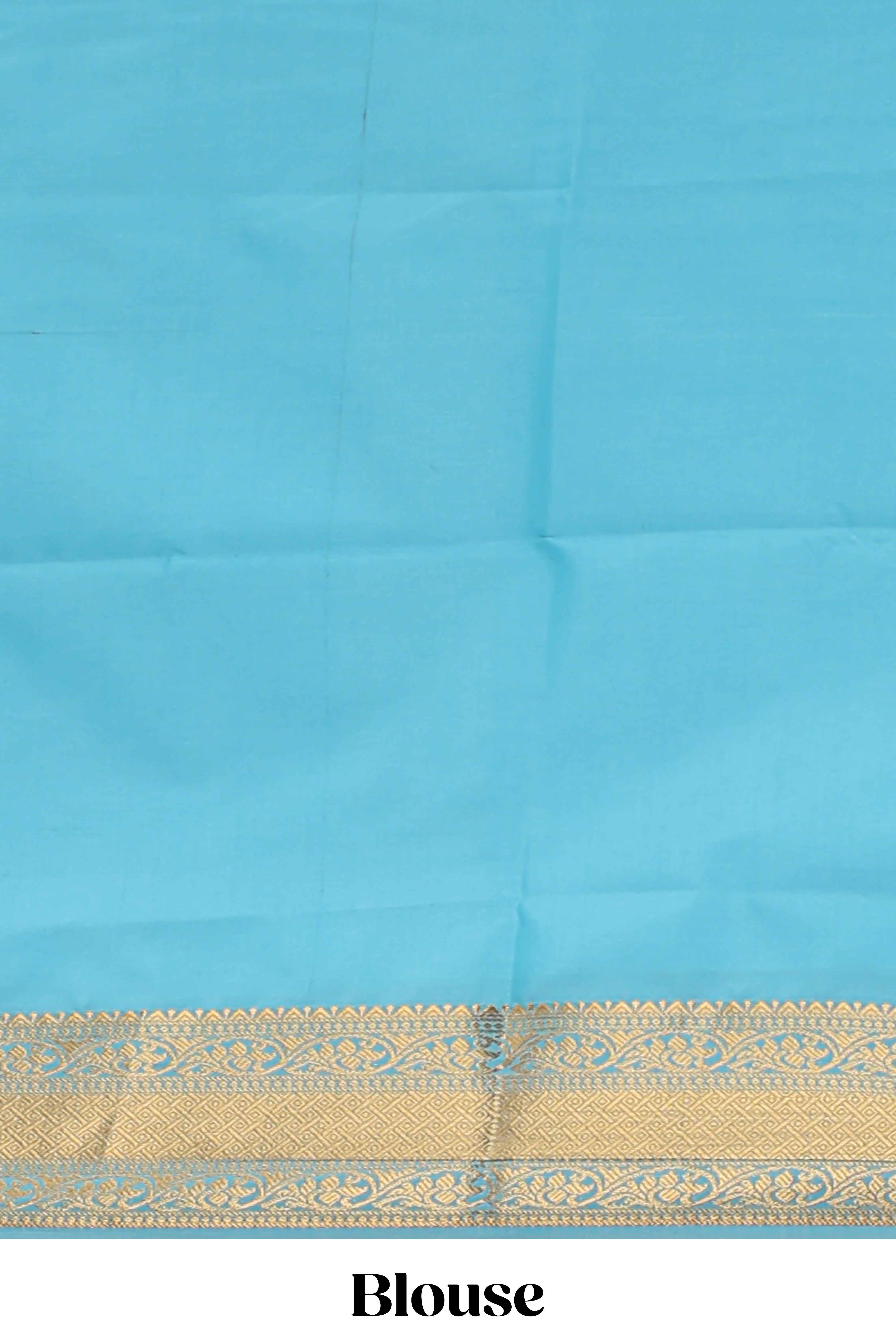 Turquoise blue striped zari motifs art silk saree with self zari border and matching blouse
