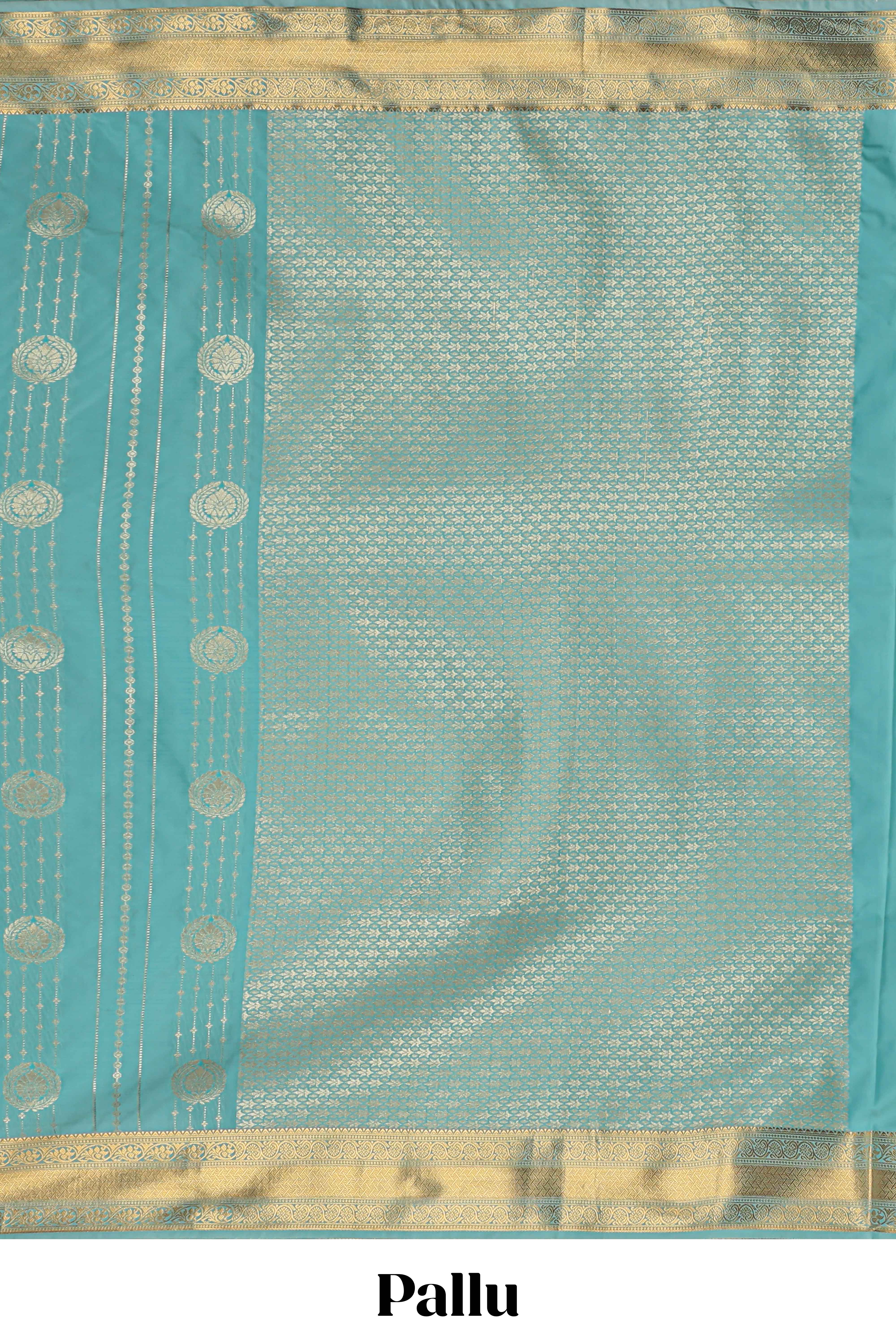 Turquoise green striped zari motifs art silk saree with self zari border and matching blouse