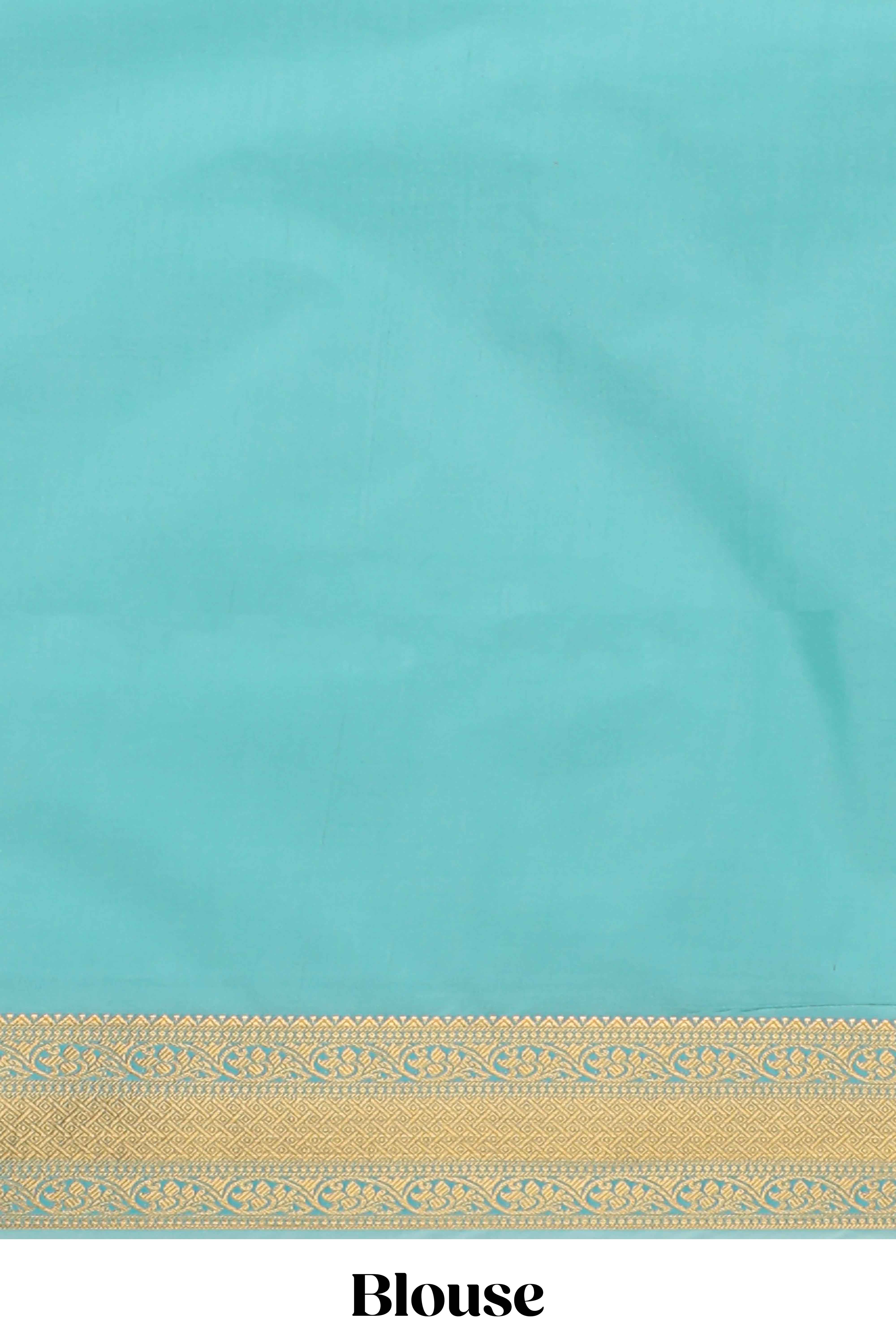 Turquoise green striped zari motifs art silk saree with self zari border and matching blouse