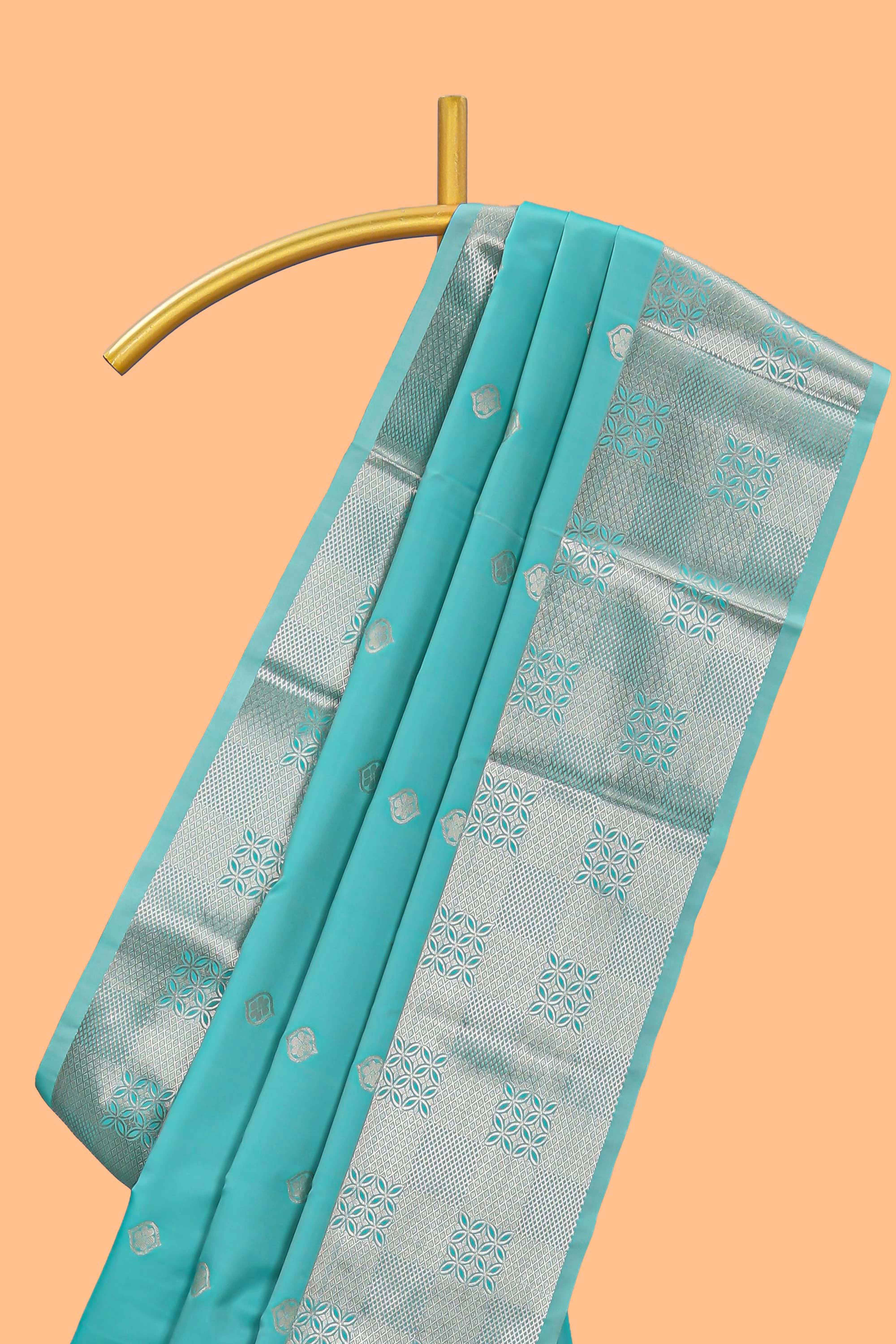 Turquoise blue zari motifs art silk saree with self zari border and matching blouse