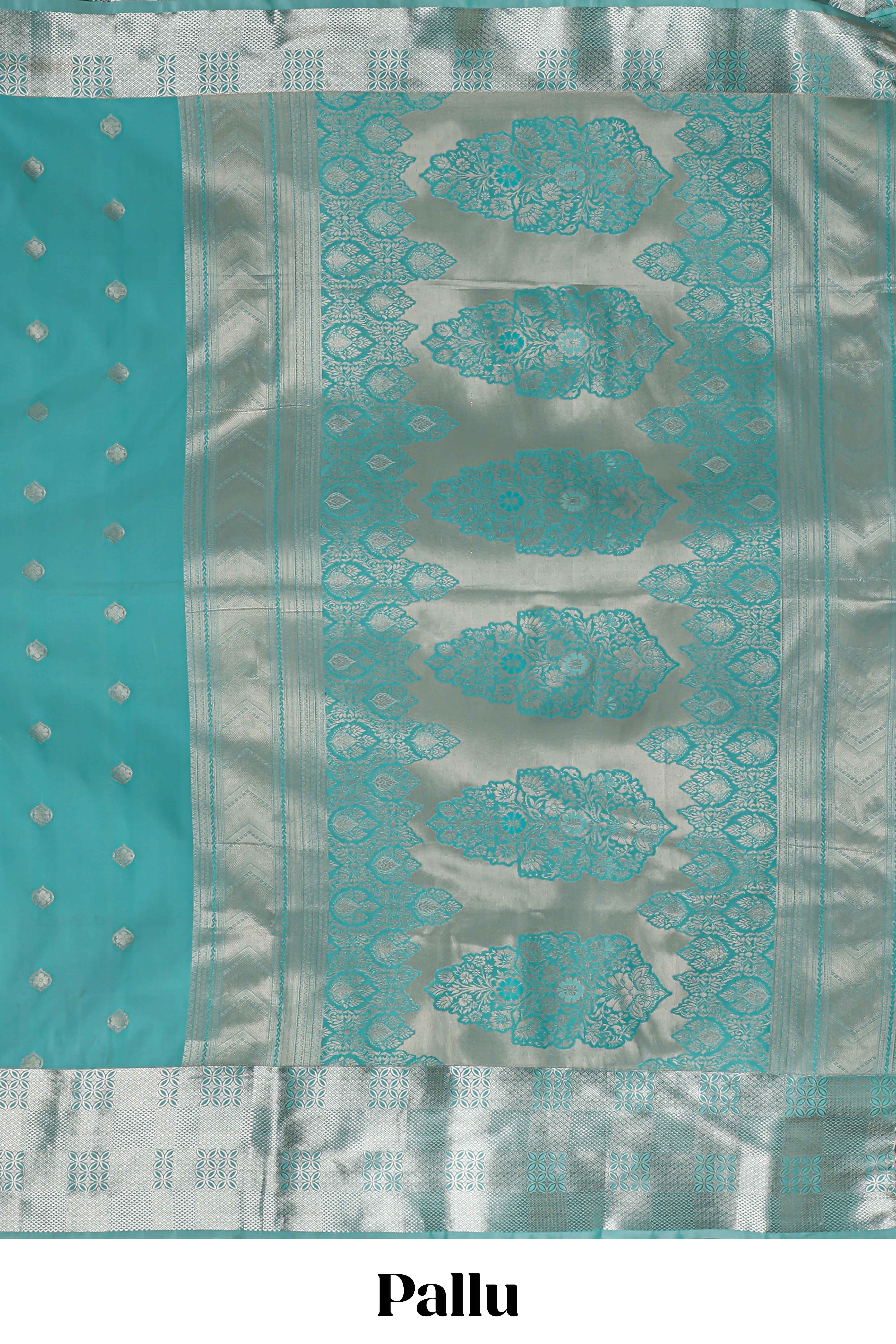 Turquoise blue zari motifs art silk saree with self zari border and matching blouse