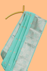 Turquoise green zari motifs art silk saree with self zari border and matching blouse