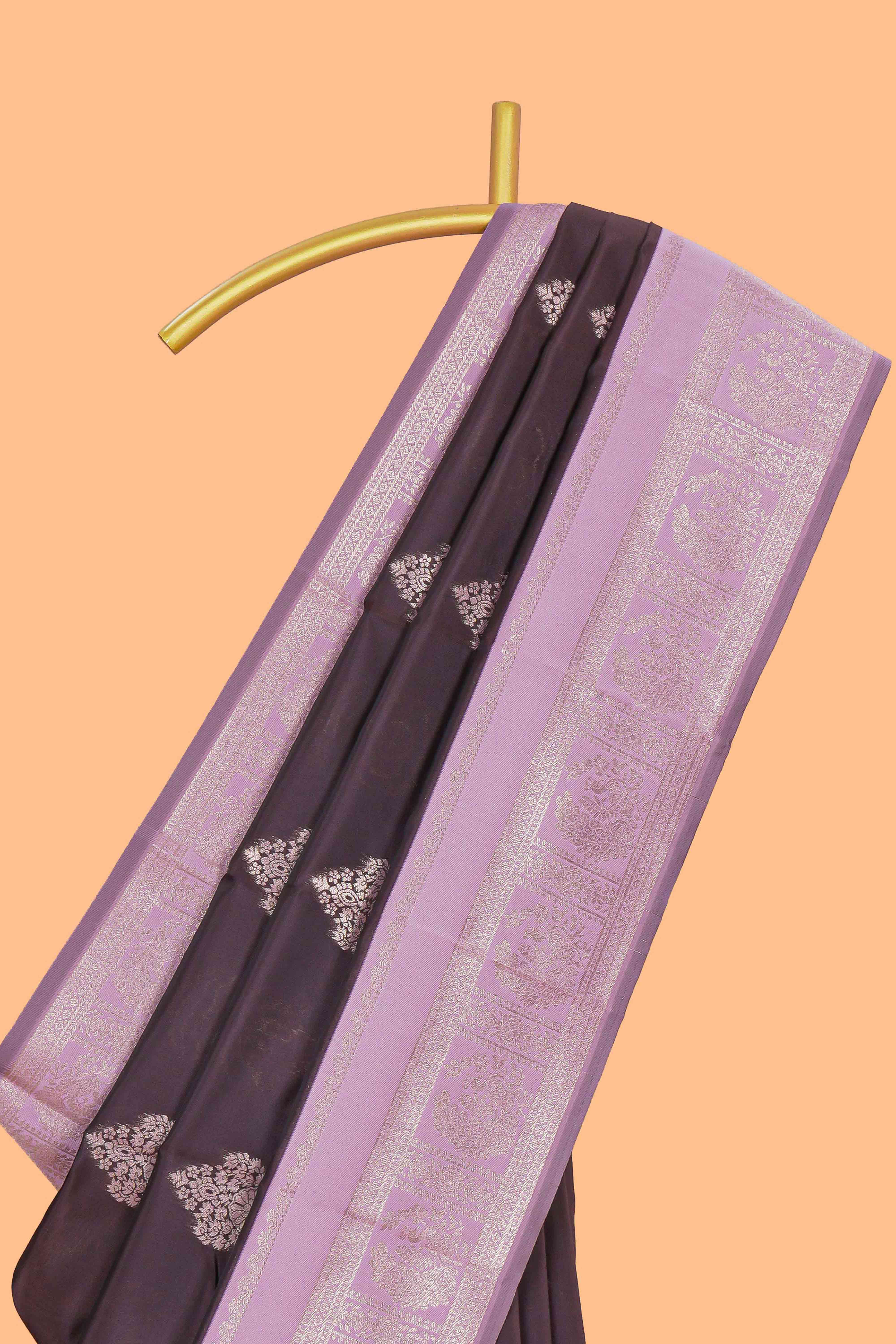 Dark brown zari floral motifs art silk saree with contrast zari border and motifs blouse