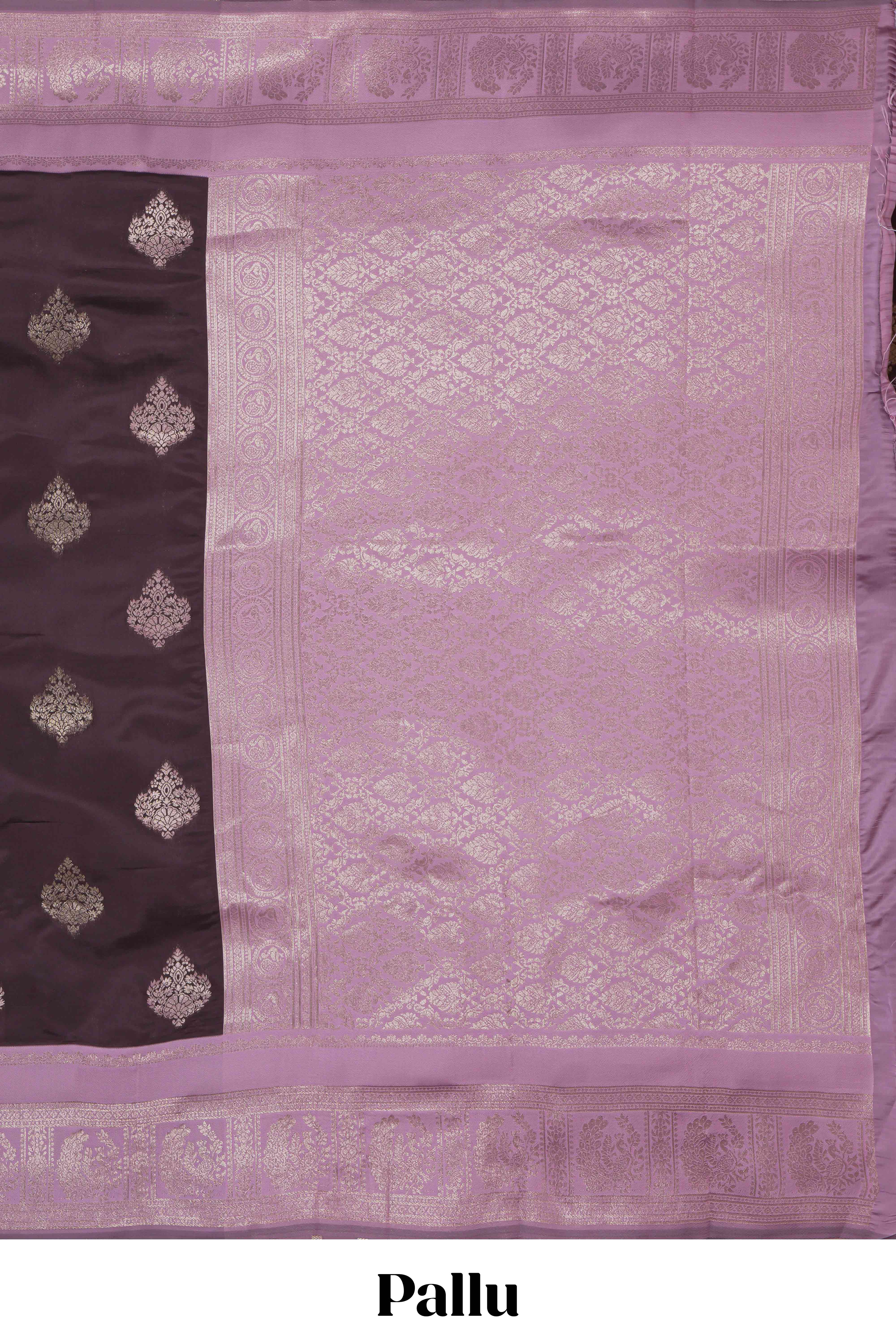 Dark brown zari floral motifs art silk saree with contrast zari border and motifs blouse