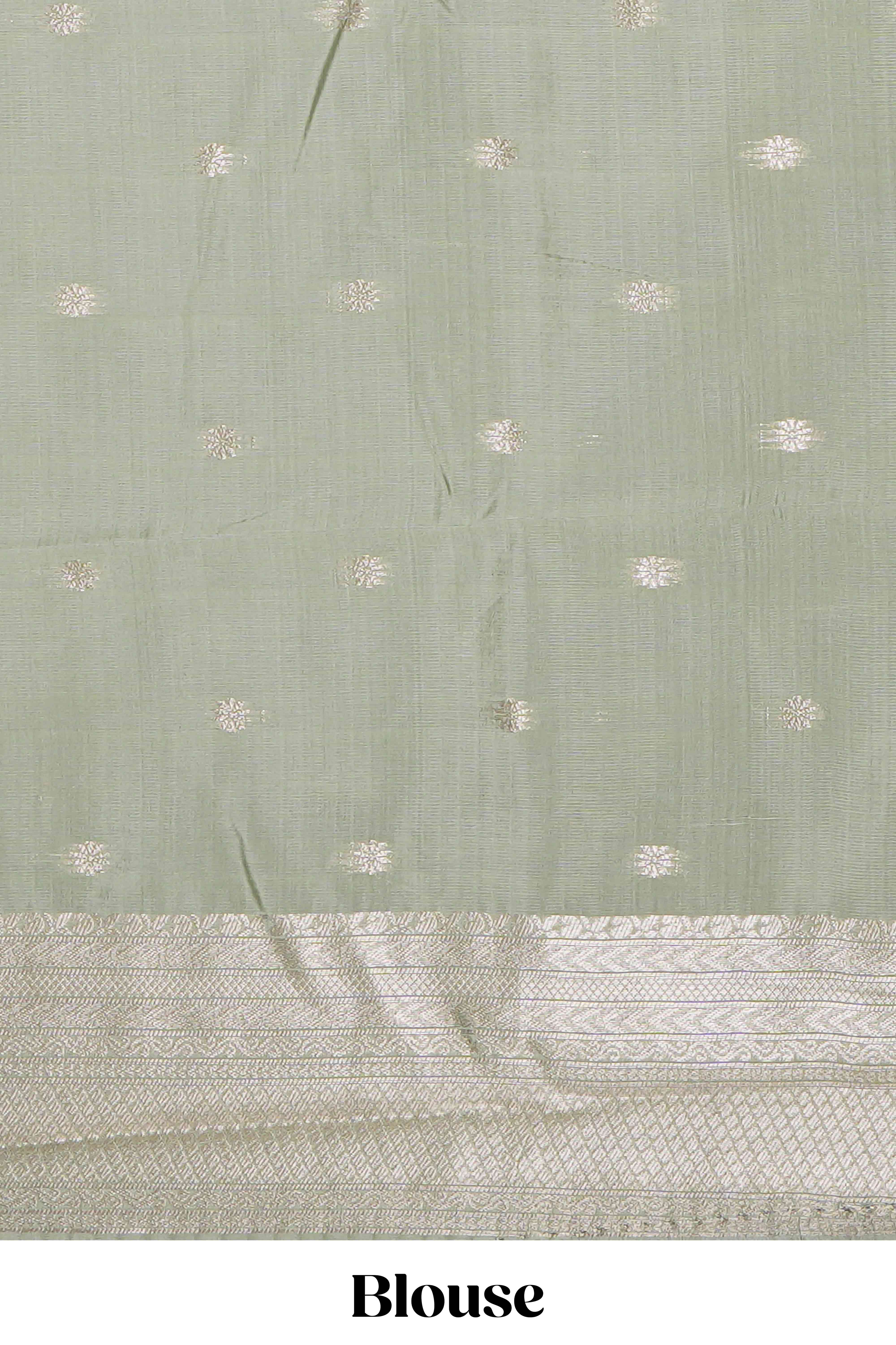 Pista green zari floral motifs art silk saree with self zari border and matching motifs blouse