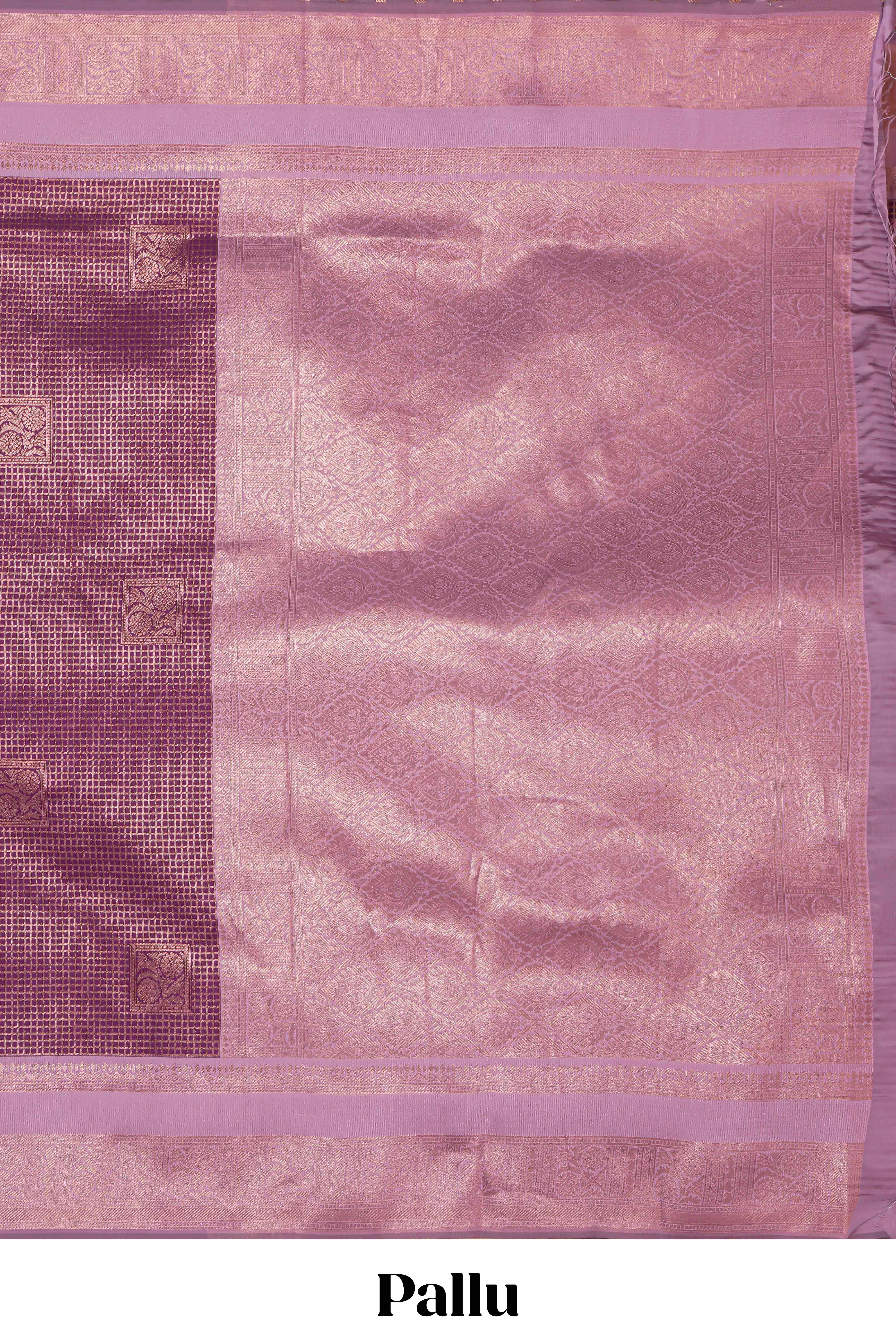 Purple checked zari motifs art silk saree with contrast zari border and contrast motifs blouse