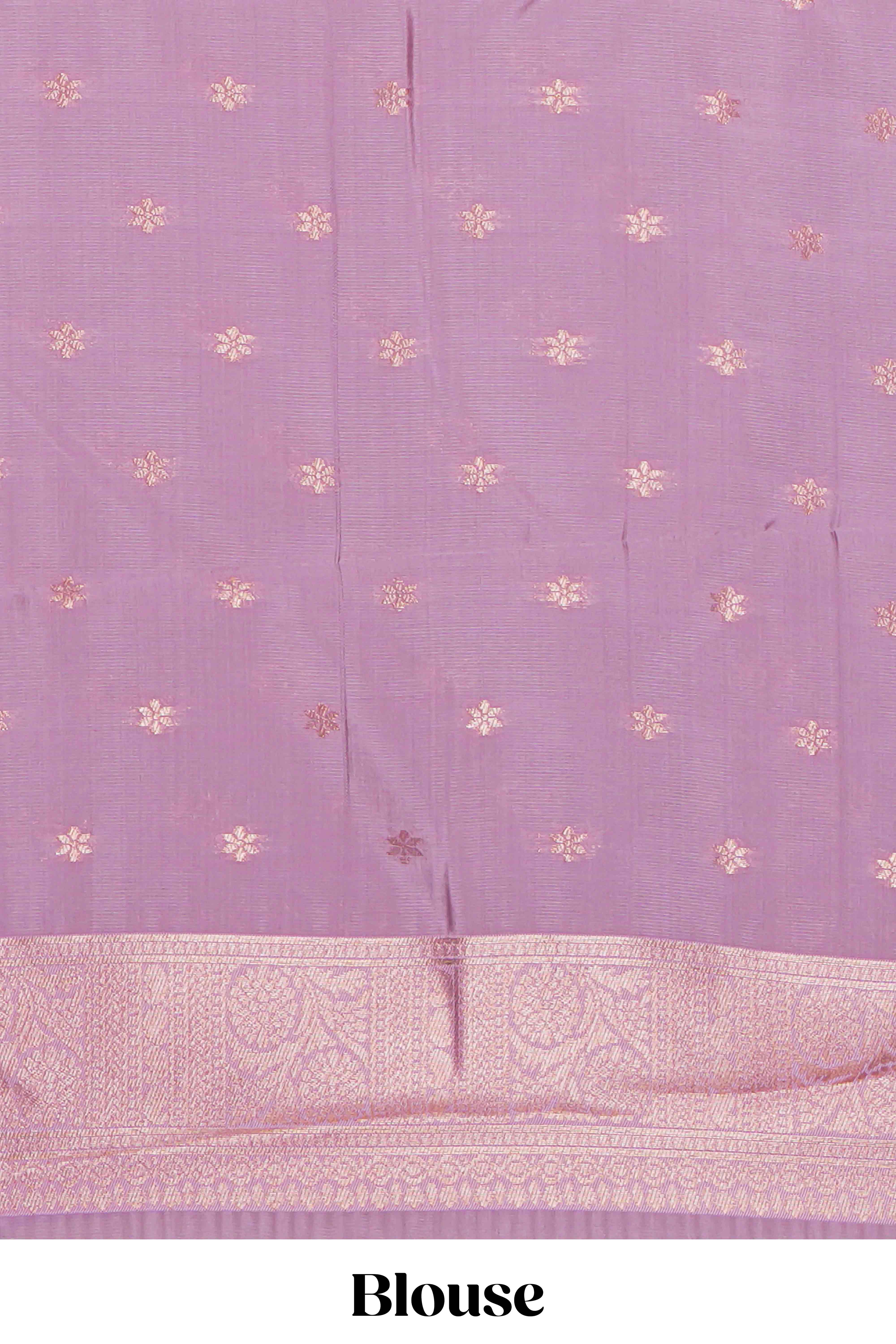 Purple checked zari motifs art silk saree with contrast zari border and contrast motifs blouse