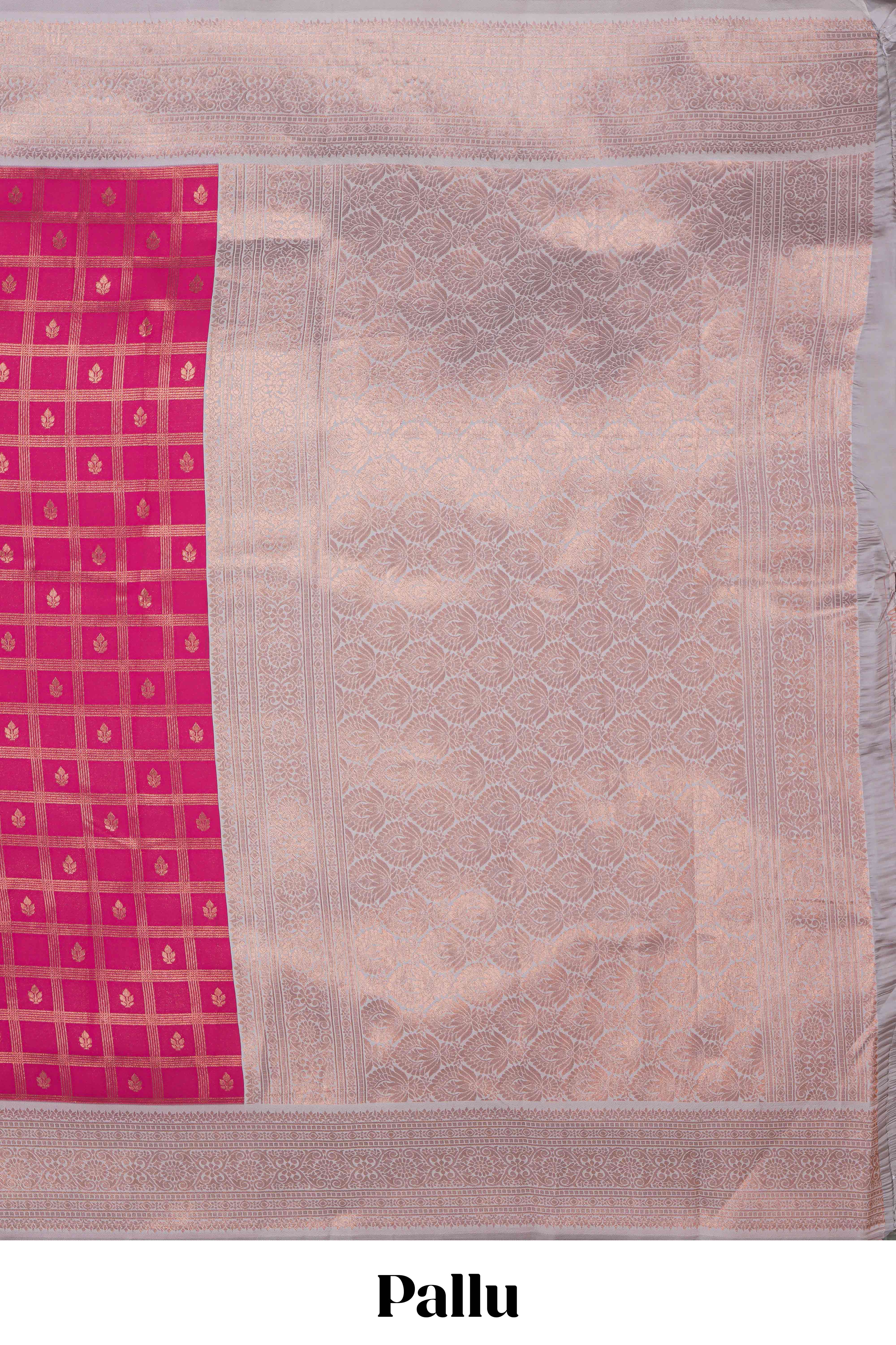 Pink checked zari motifs art silk saree with contrast zari border and contrast motifs blouse