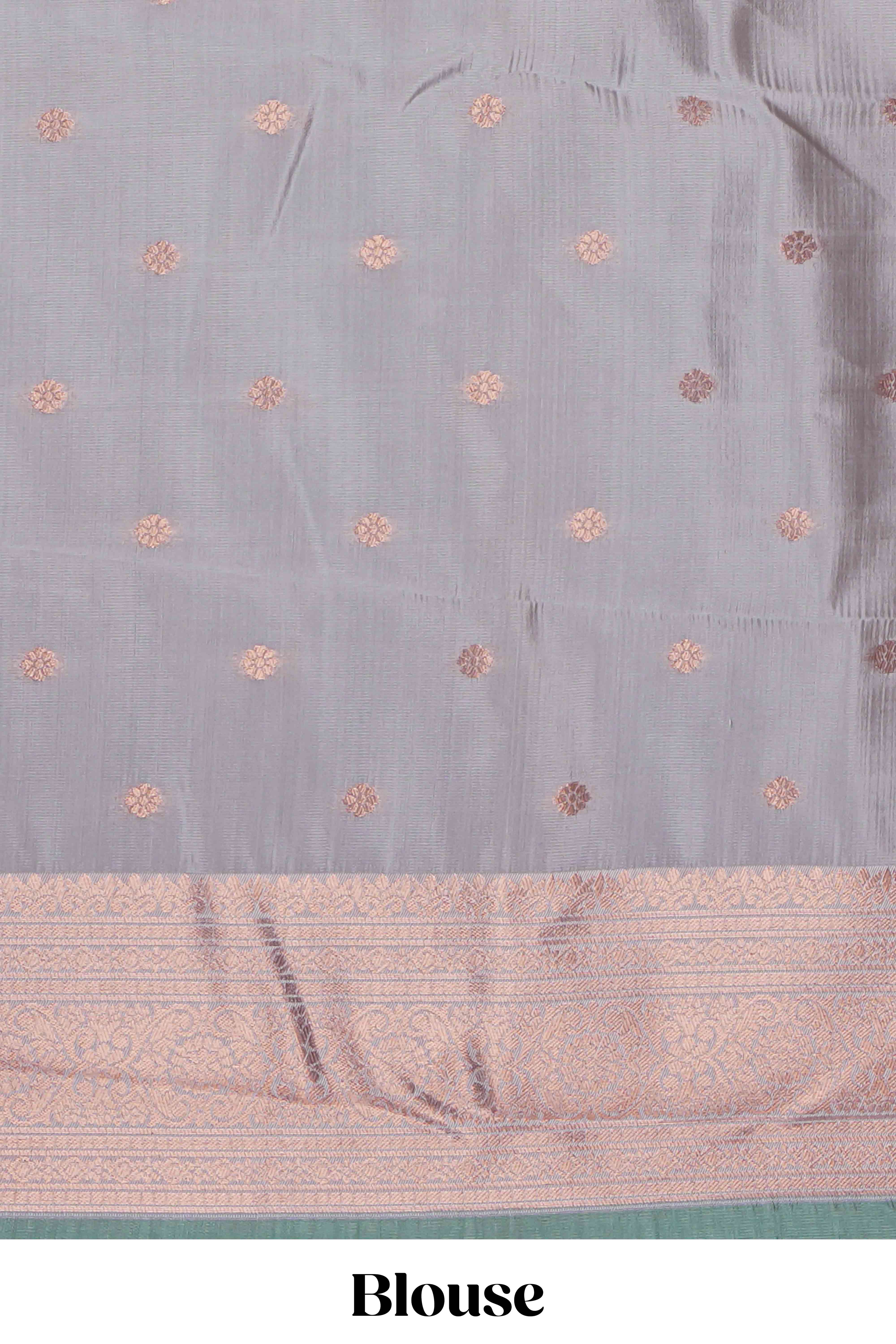 Pink checked zari motifs art silk saree with contrast zari border and contrast motifs blouse