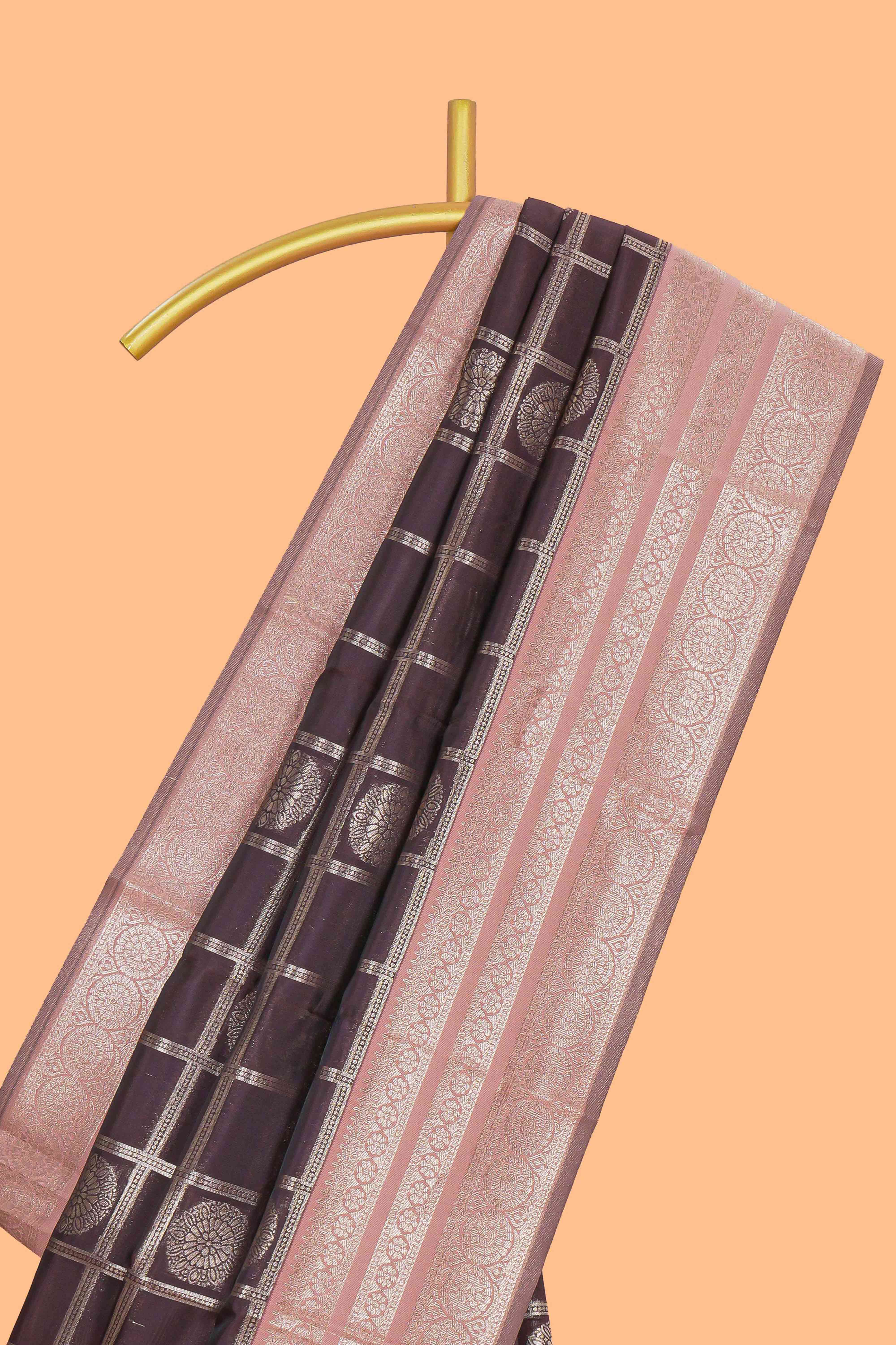 Dark brown floral moifs design art silk saree with contrast zari border and zari motifs blouse