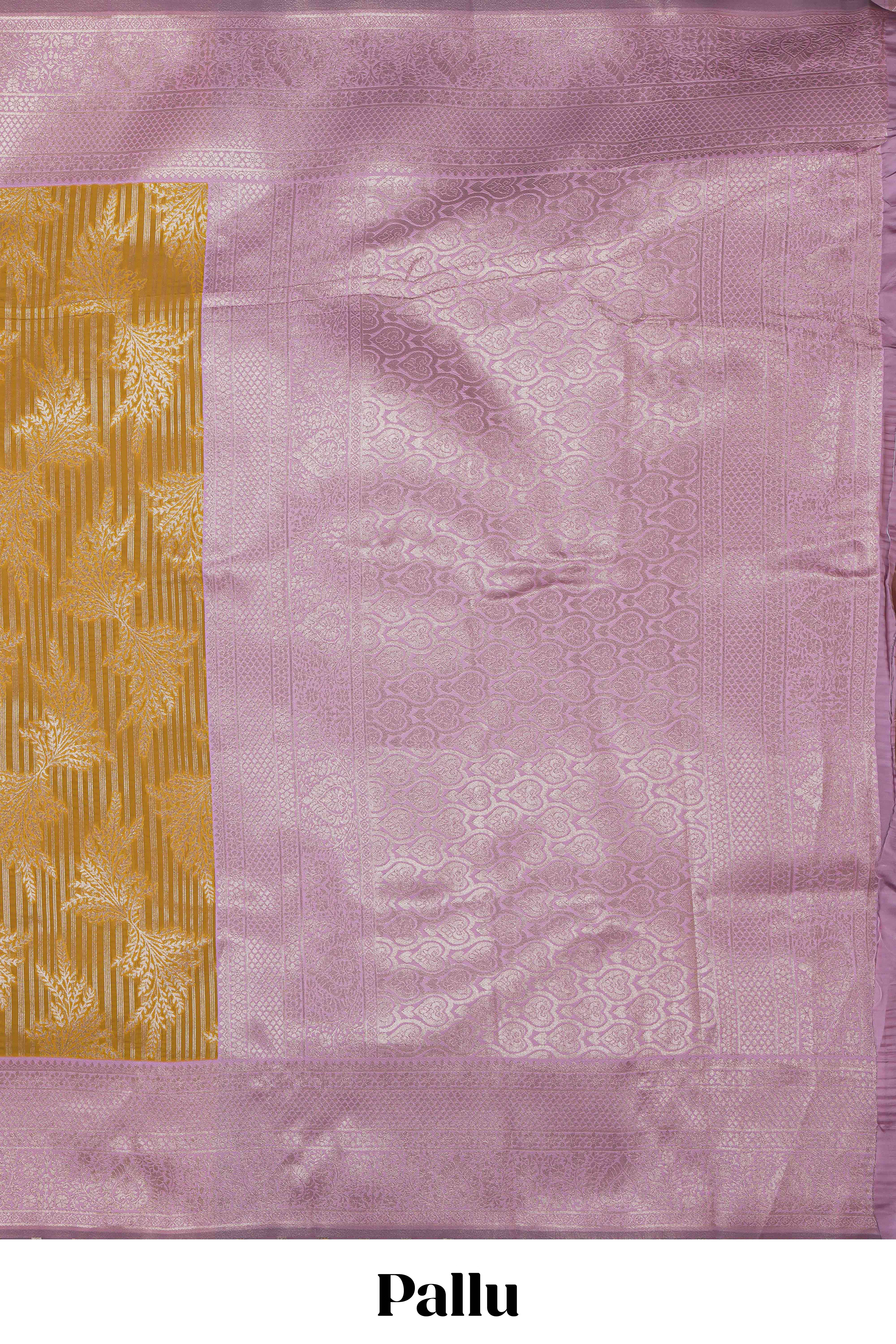 Mustard striped floral design art silk saree with contrast zari border and zari motifs blouse