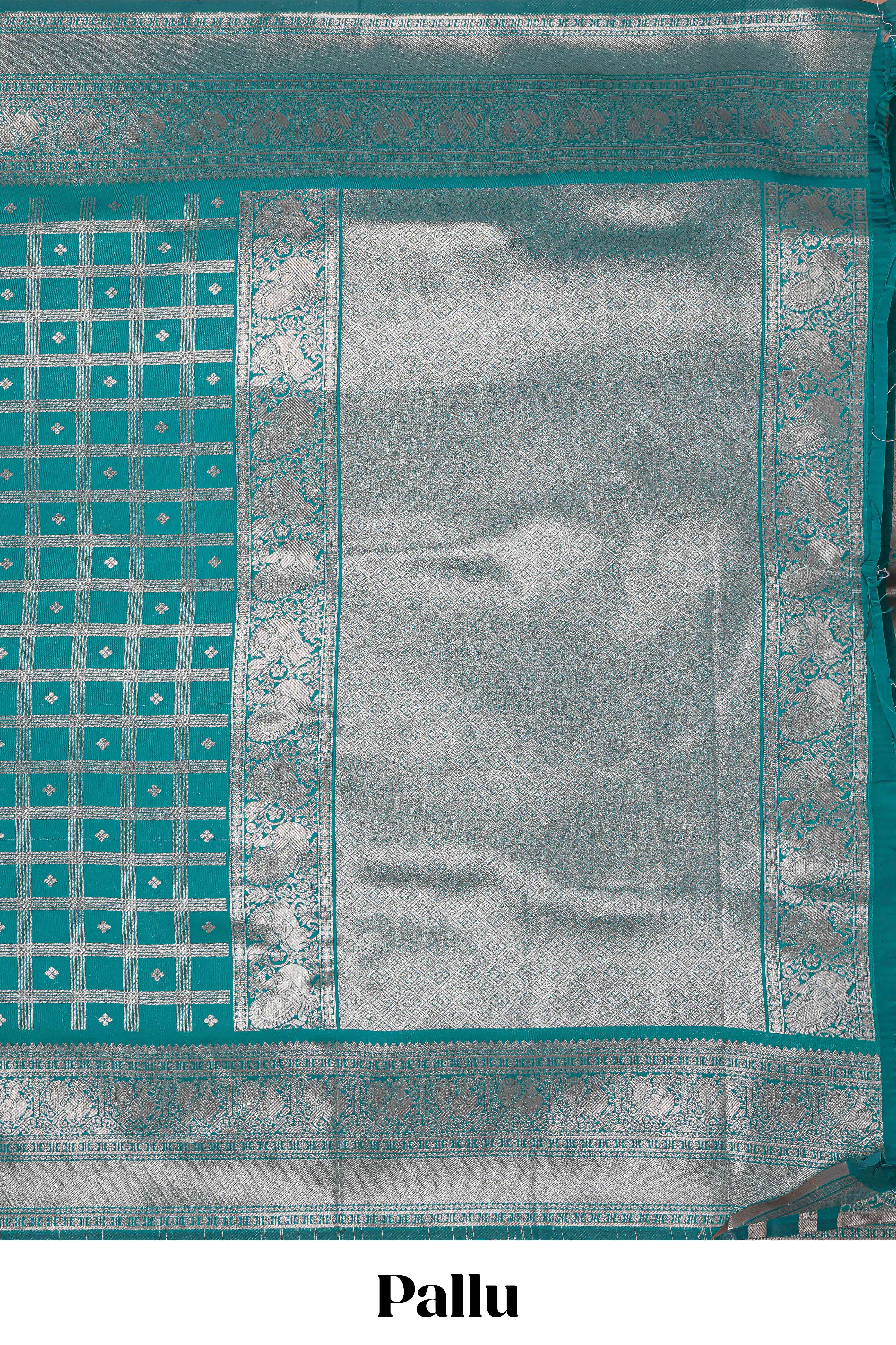 Teal green checked floral motifs design art silk saree with self zari border and matching motifs blouse