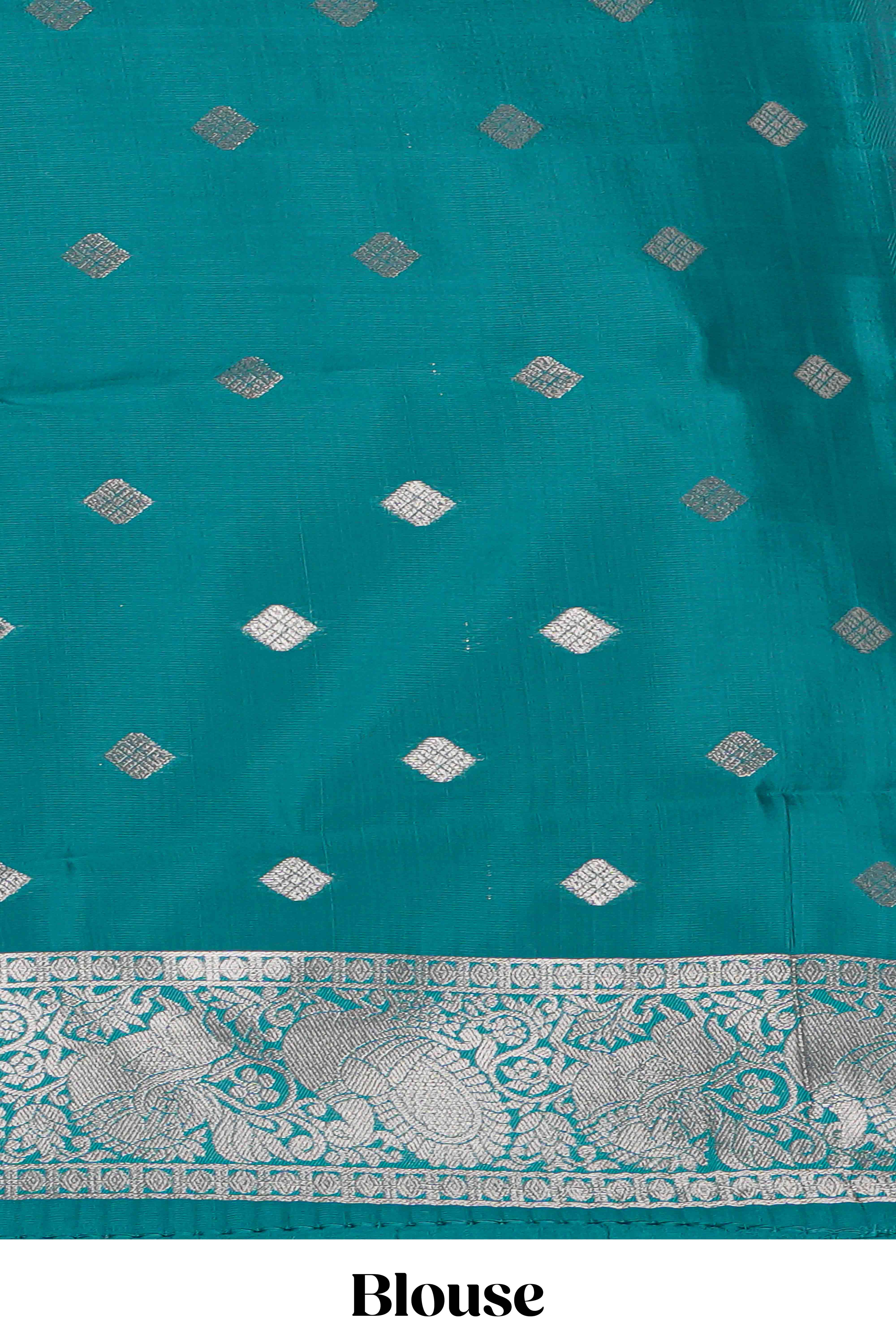 Teal green checked floral motifs design art silk saree with self zari border and matching motifs blouse