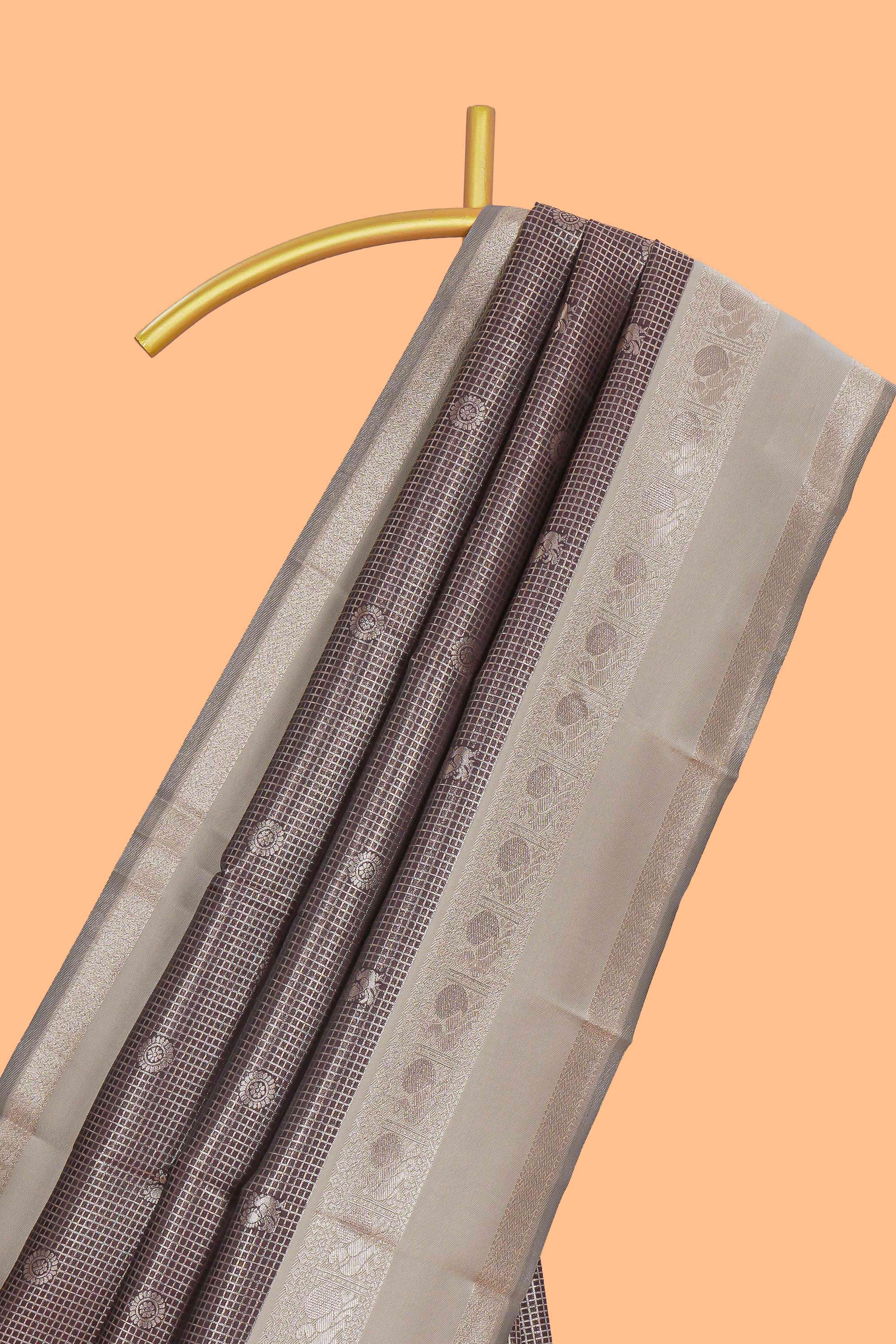 Dark brown checked floral motifs design art silk saree with contrast zari border and motifs blouse