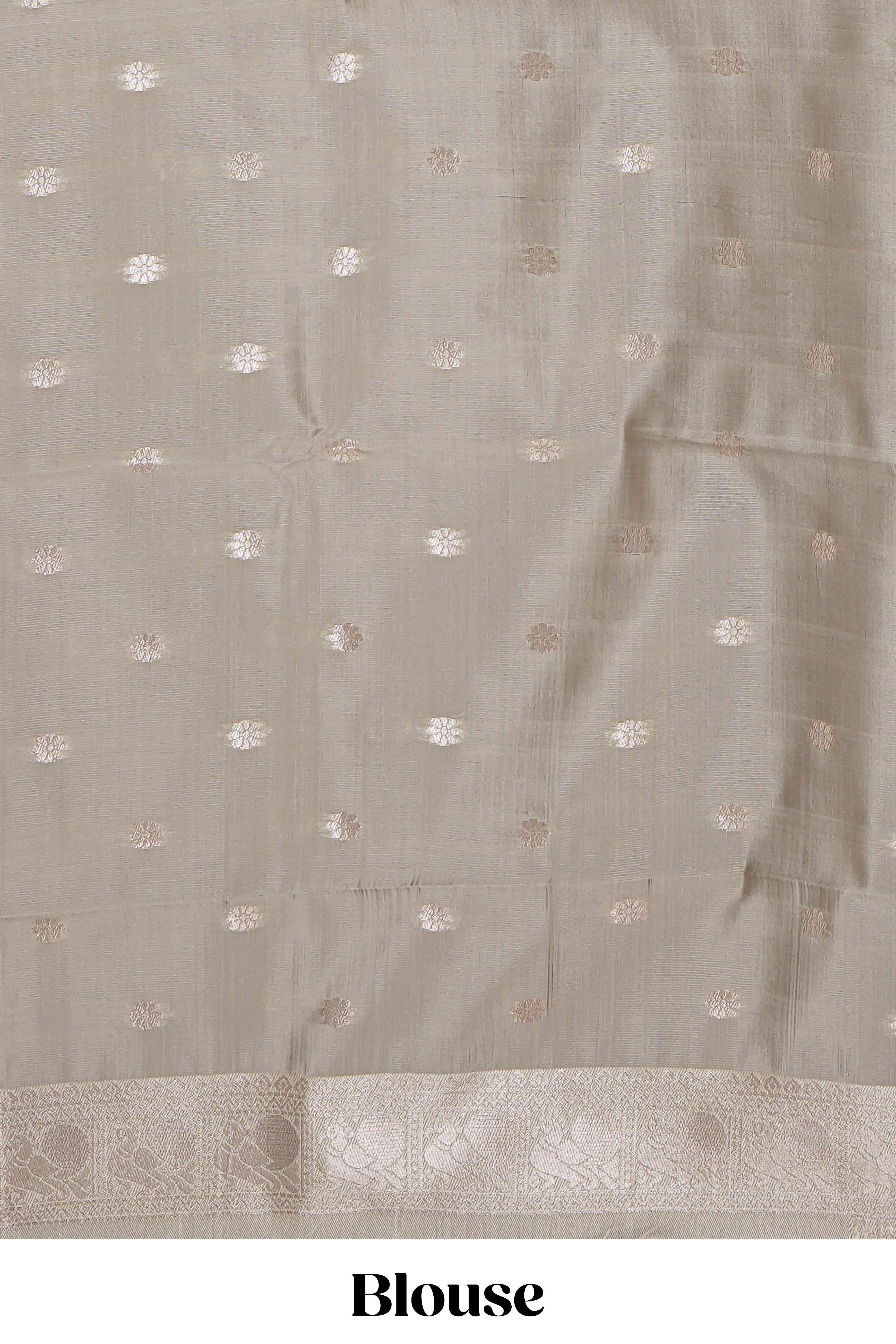 Dark brown checked floral motifs design art silk saree with contrast zari border and motifs blouse