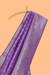 Lavender checked floral motifs design art silk saree with self zari border and matching motifs blouse