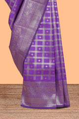 Lavender checked floral motifs design art silk saree with self zari border and matching motifs blouse