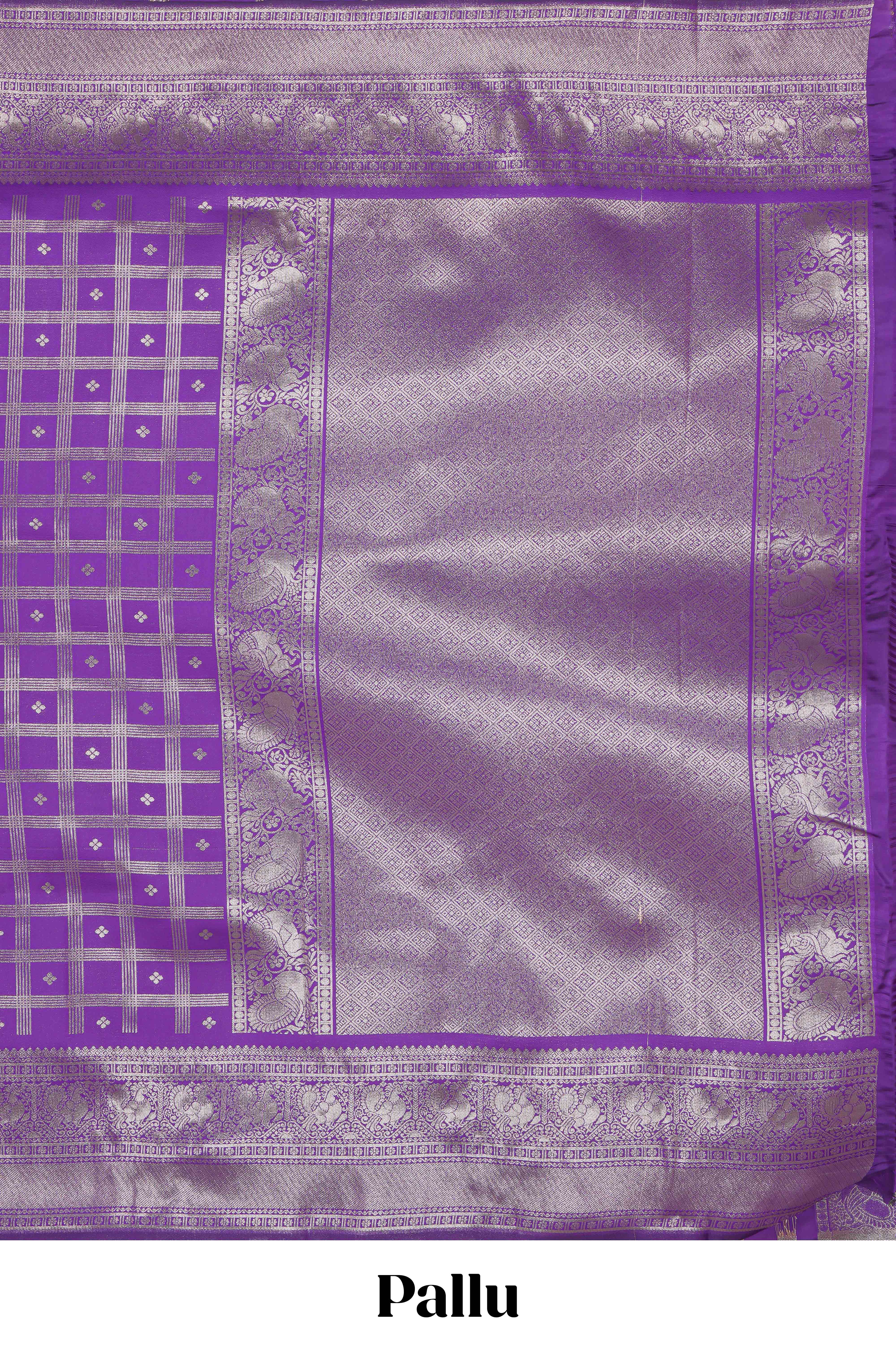 Lavender checked floral motifs design art silk saree with self zari border and matching motifs blouse