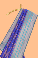 Blue checked floral motifs design art silk saree with contrast zari border and motifs blouse