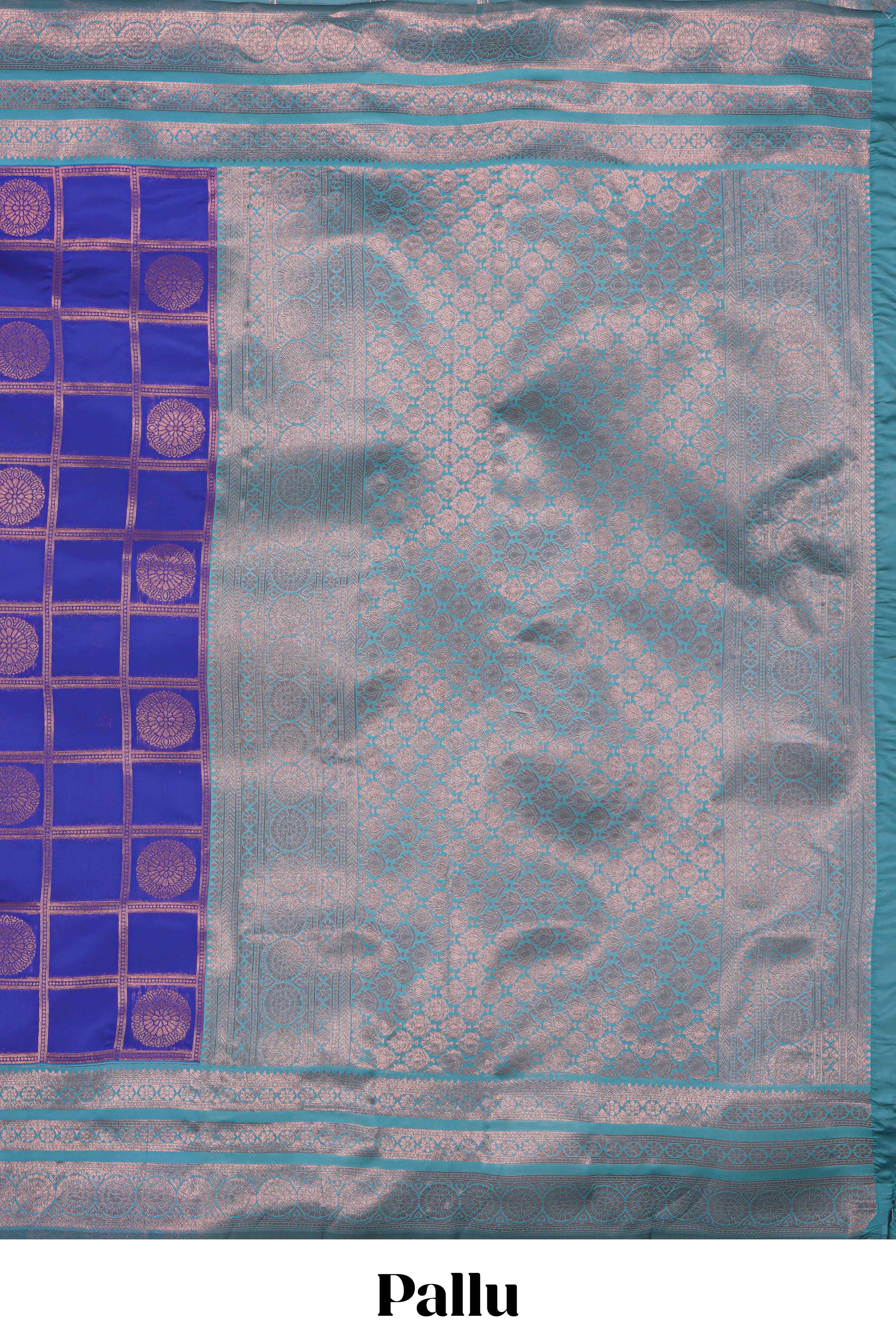 Blue checked floral motifs design art silk saree with contrast zari border and motifs blouse
