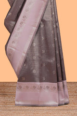 Dark brown checked floral & peacock motifs design art silk saree with contrast zari border and motifs blouse