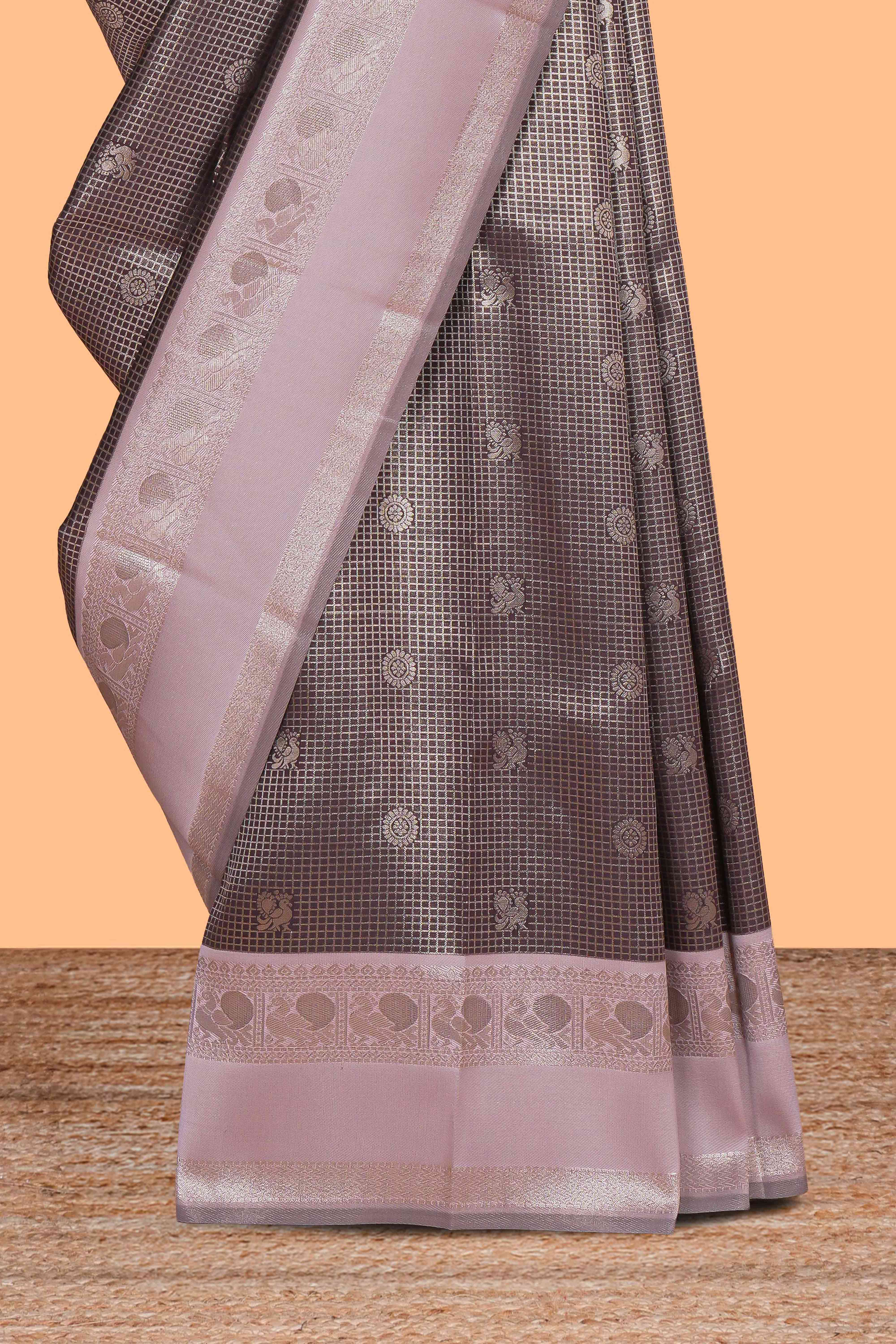Dark brown checked floral & peacock motifs design art silk saree with contrast zari border and motifs blouse