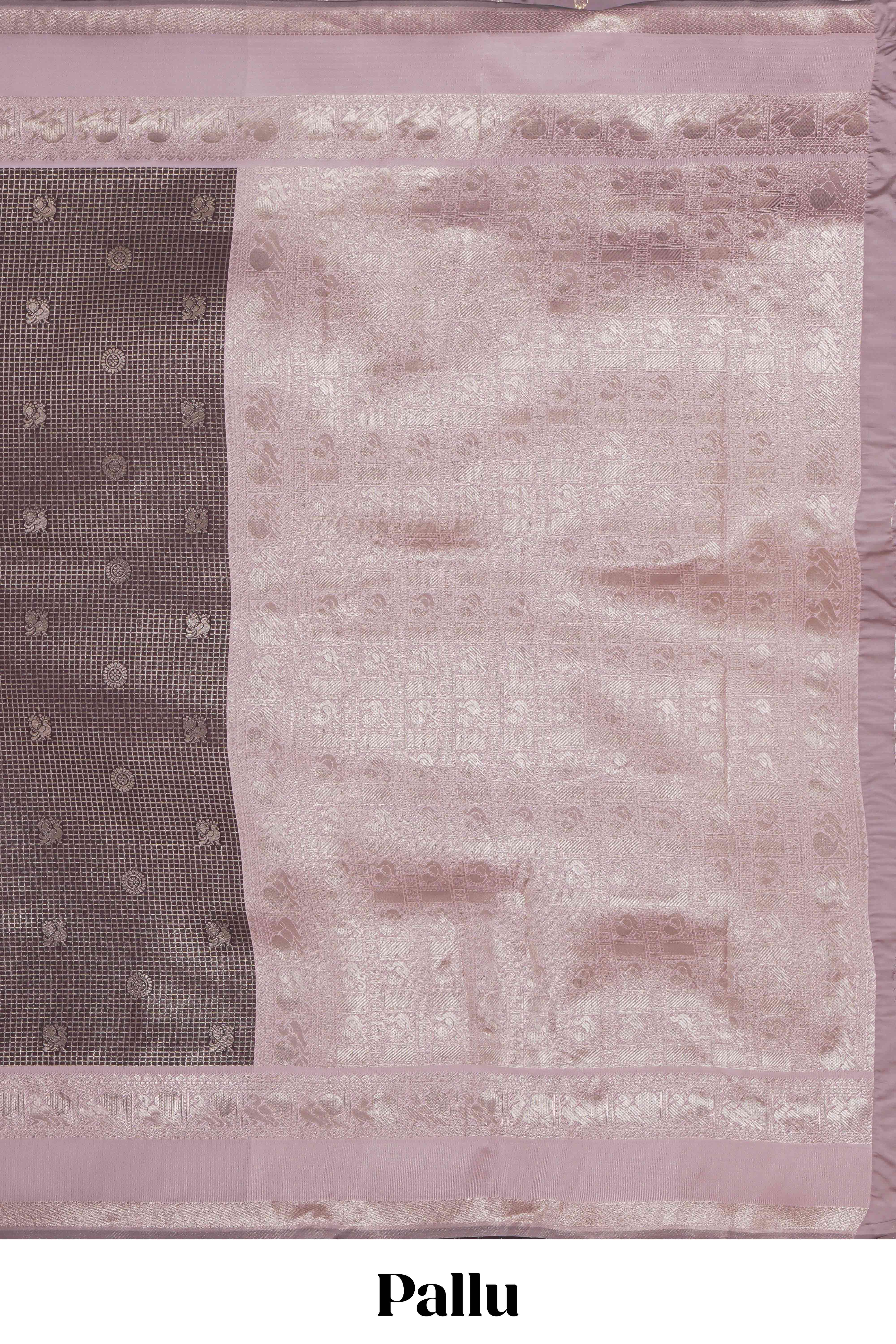 Dark brown checked floral & peacock motifs design art silk saree with contrast zari border and motifs blouse