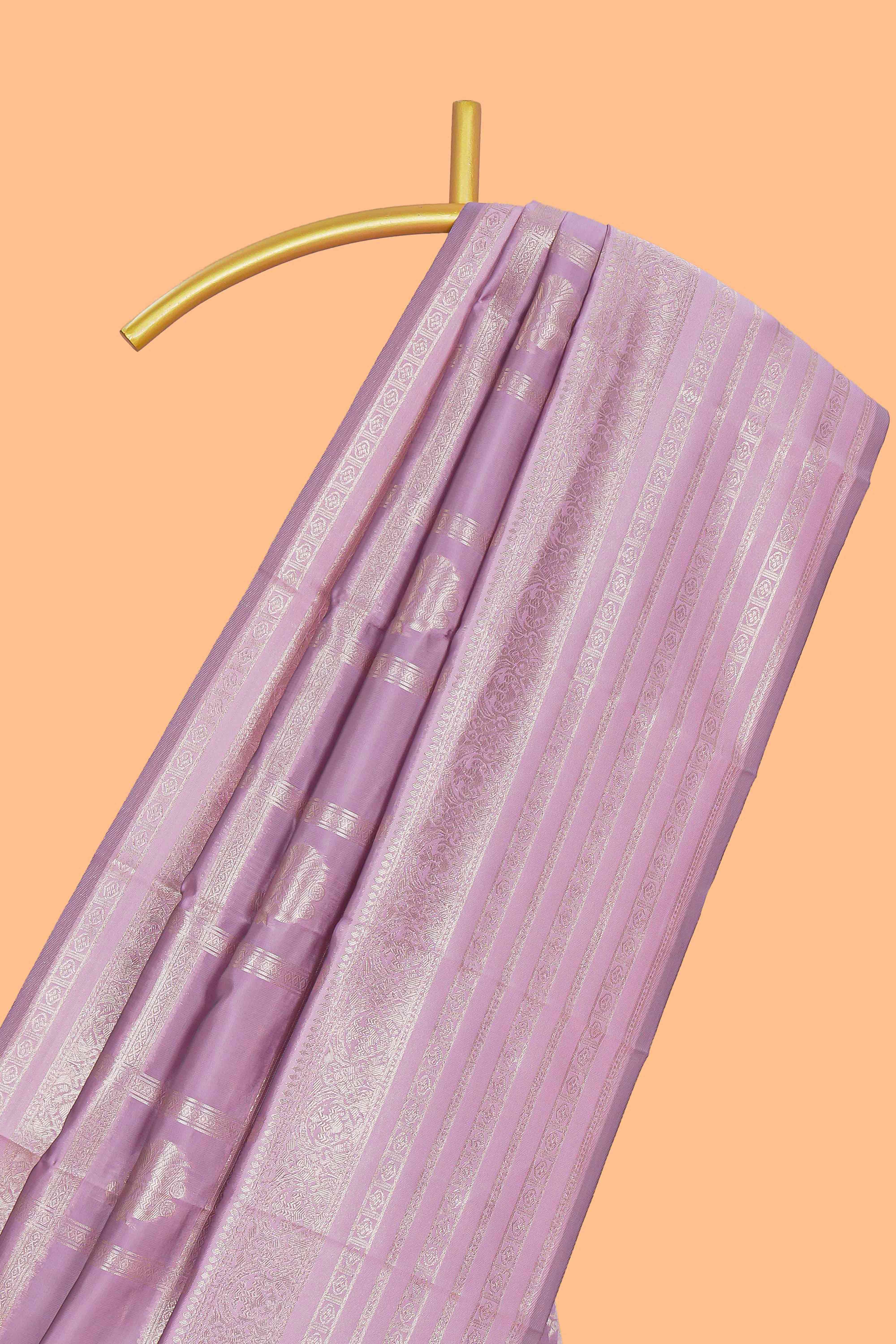 Lavender checked birds motifs design art silk saree with self zari border and matching motifs blouse