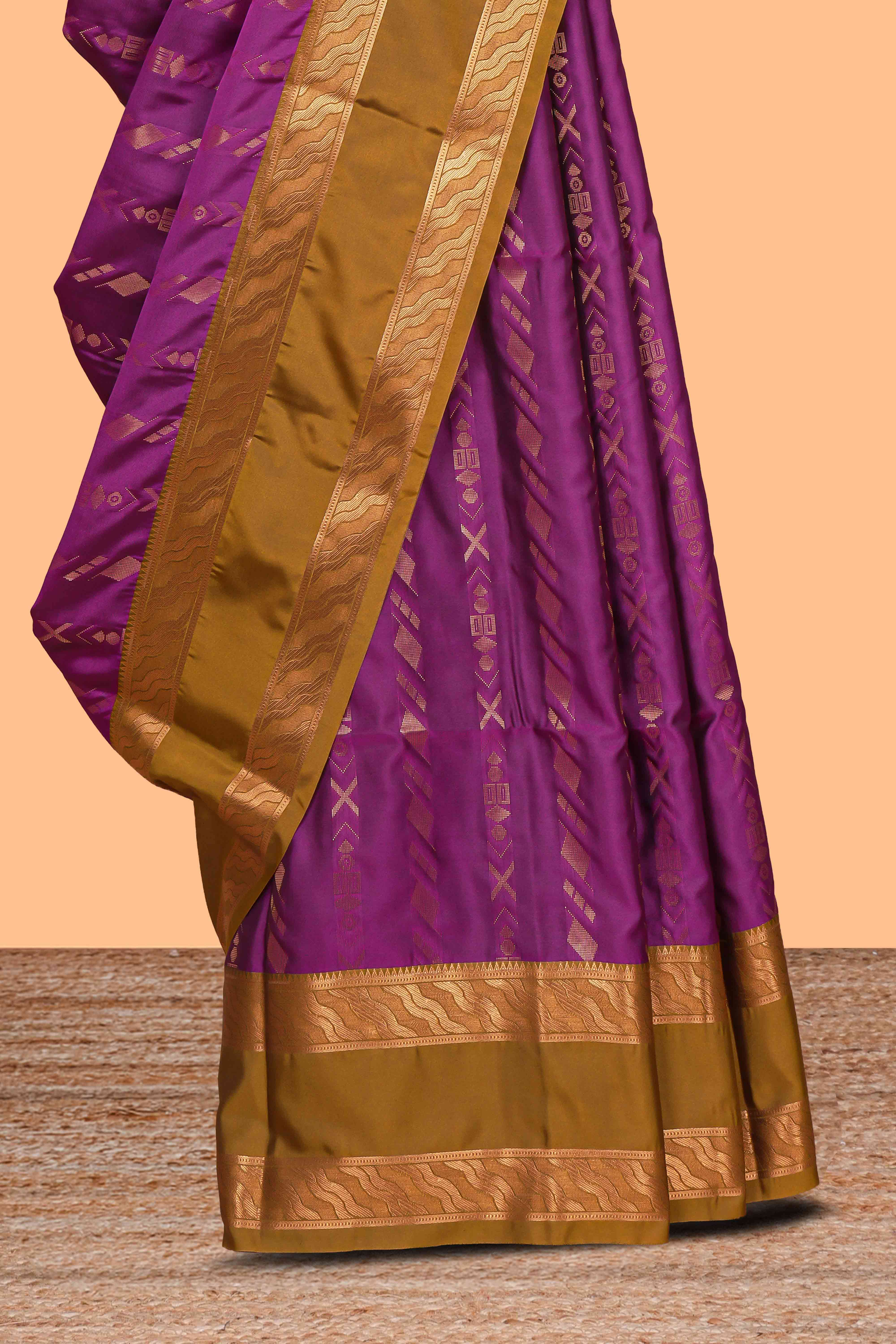 Purple striped zari design art silk saree with contrast zari border and matching blouse