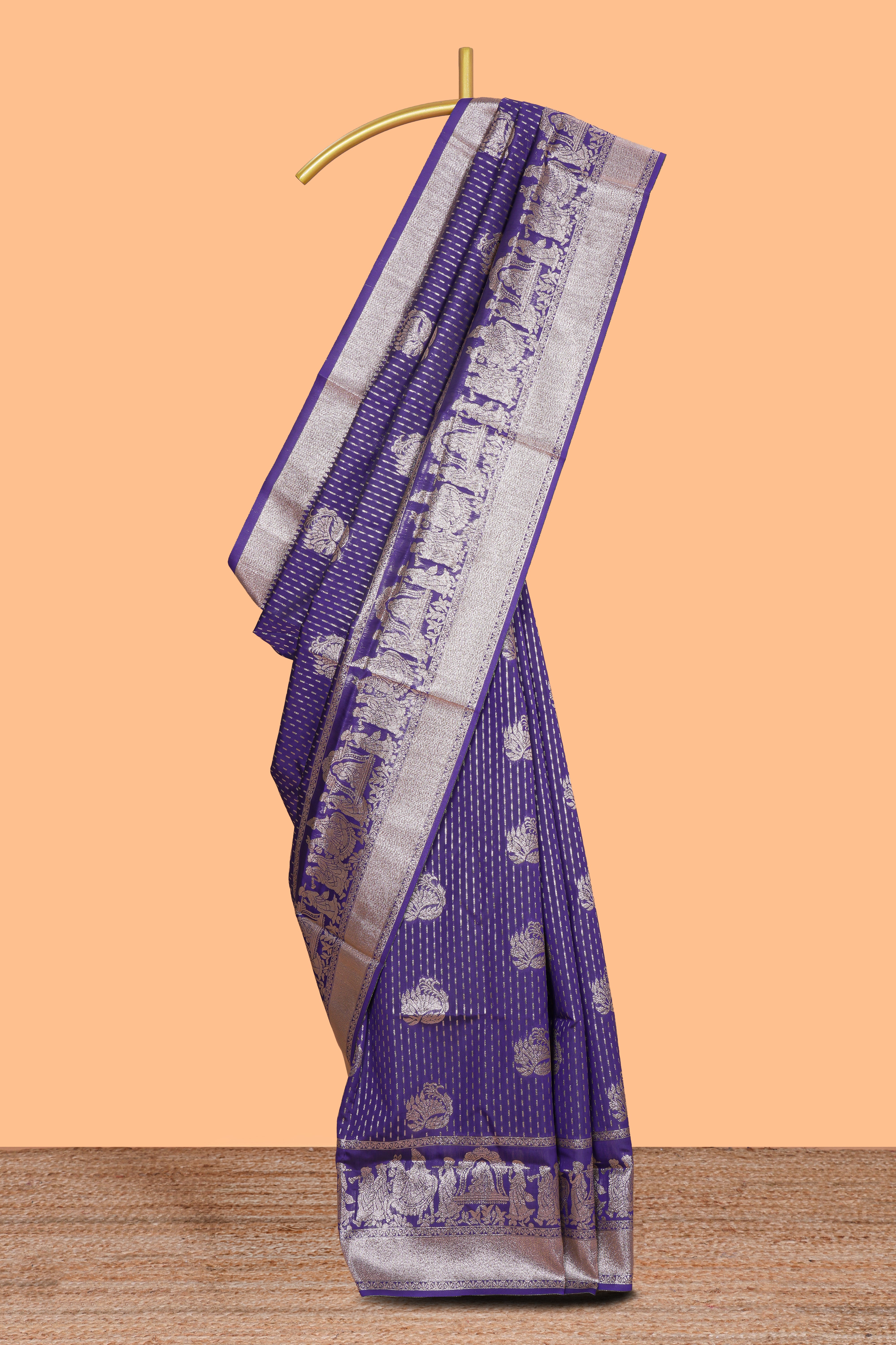 Violet floral motifs design art silk saree with self traditional palak design border and contrast blouse