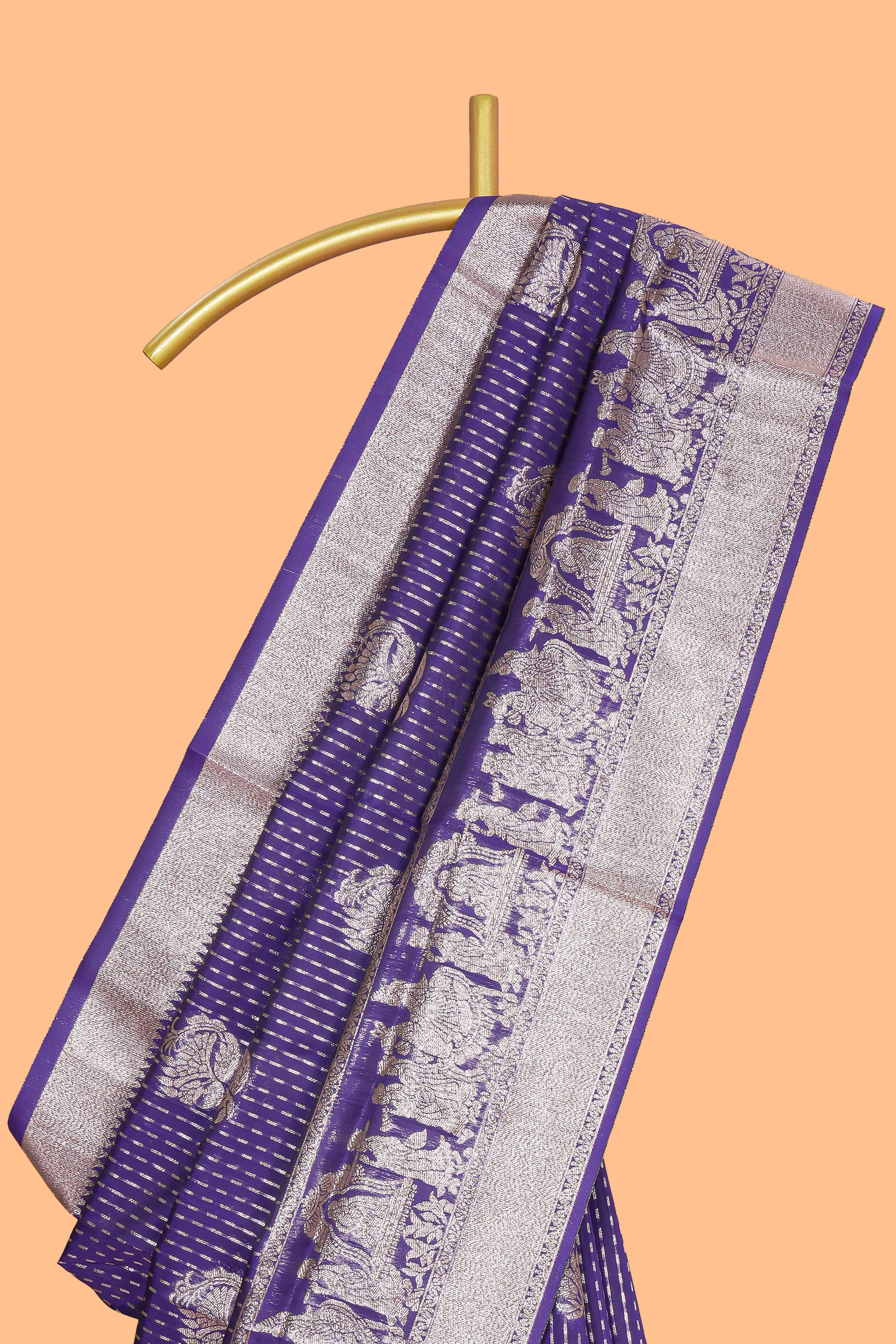 Violet floral motifs design art silk saree with self traditional palak design border and contrast blouse