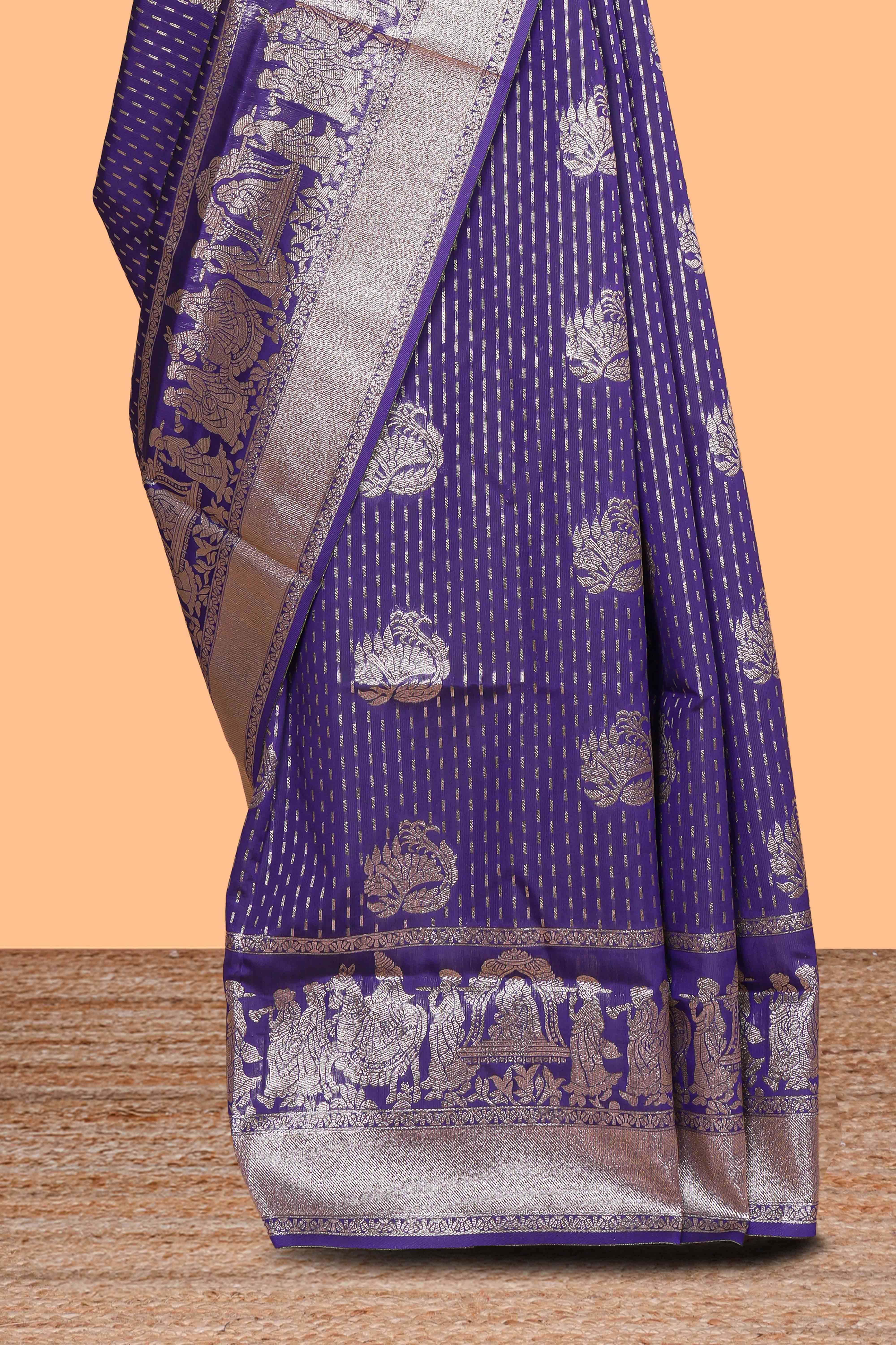 Violet floral motifs design art silk saree with self traditional palak design border and contrast blouse
